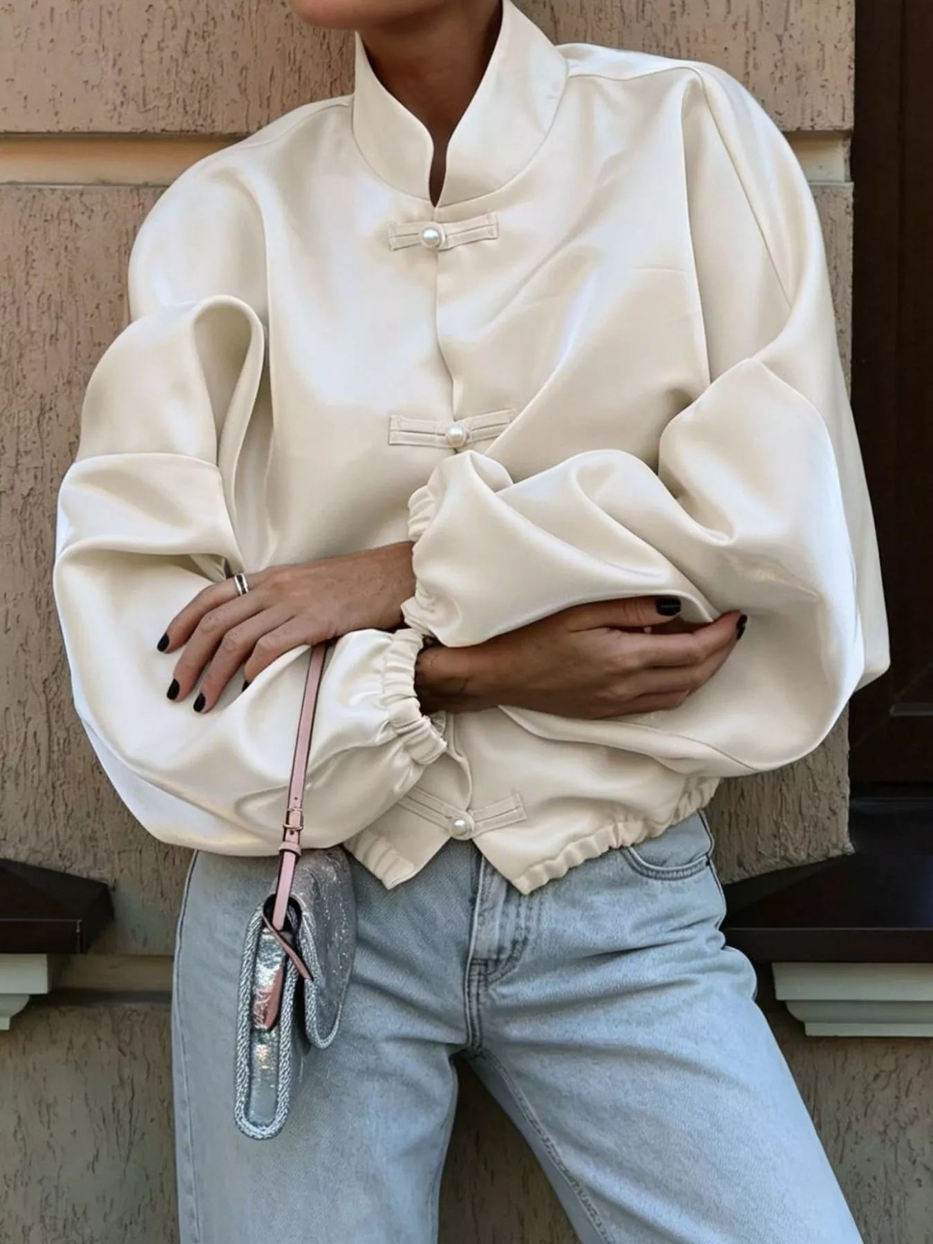 Mandarin Collar Pearl Button Shacket