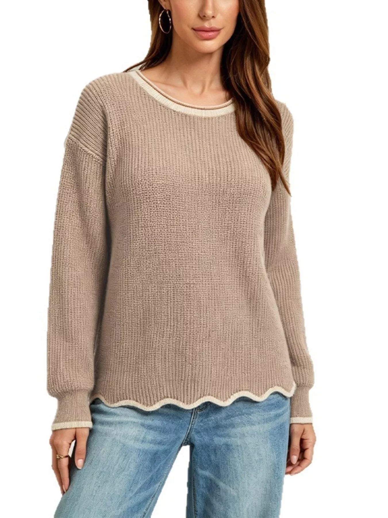 Contrast Trim Scalloped Hem Ribbed Knit Sweater