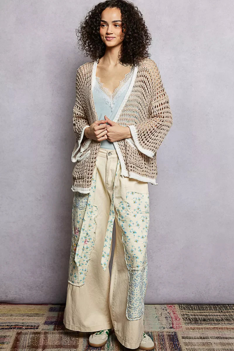 POL Open Front Openwork Cardigan with Contrast Trim