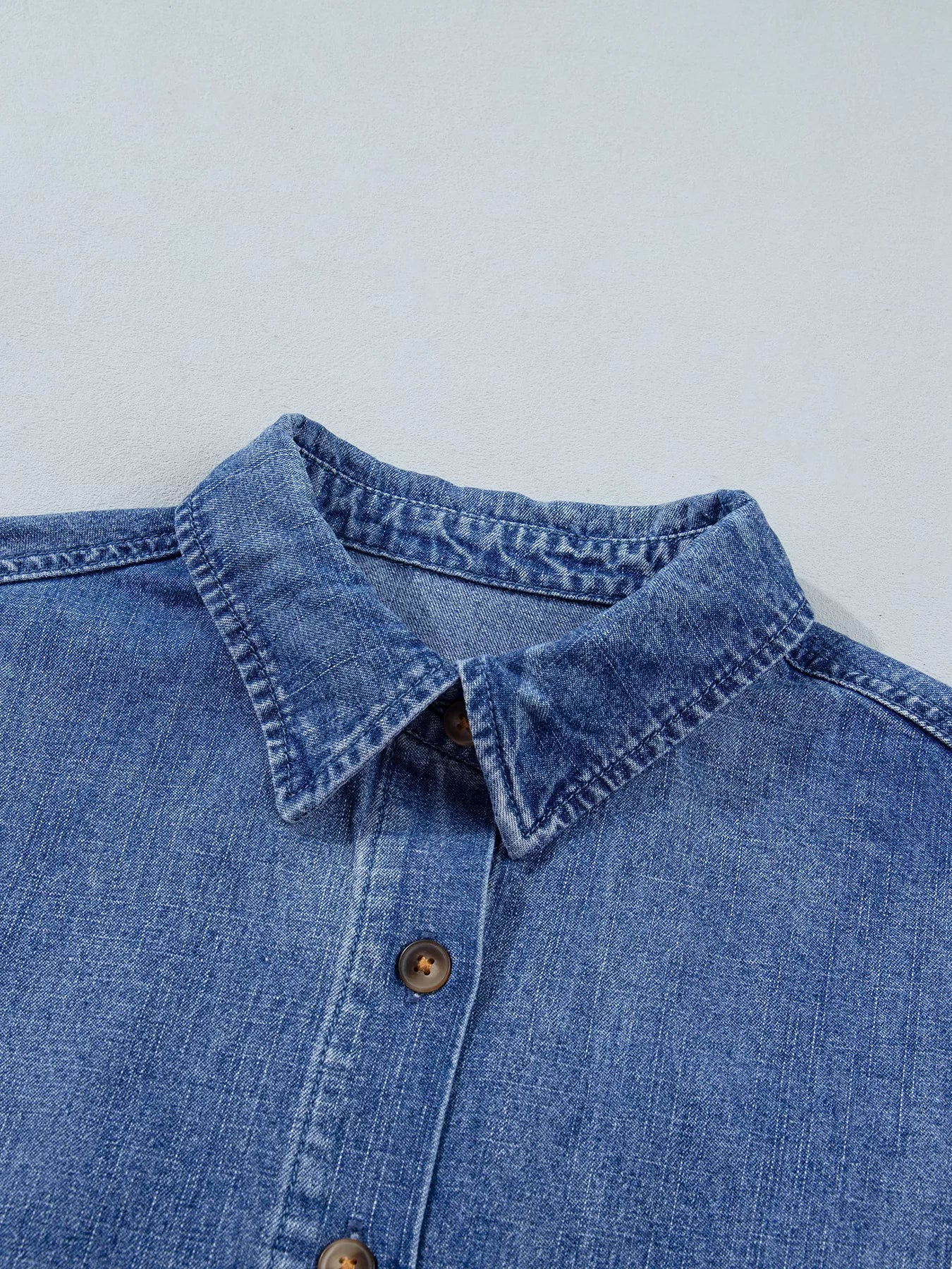 Three Quarter Sleeve Button Front Loose Denim Shirt