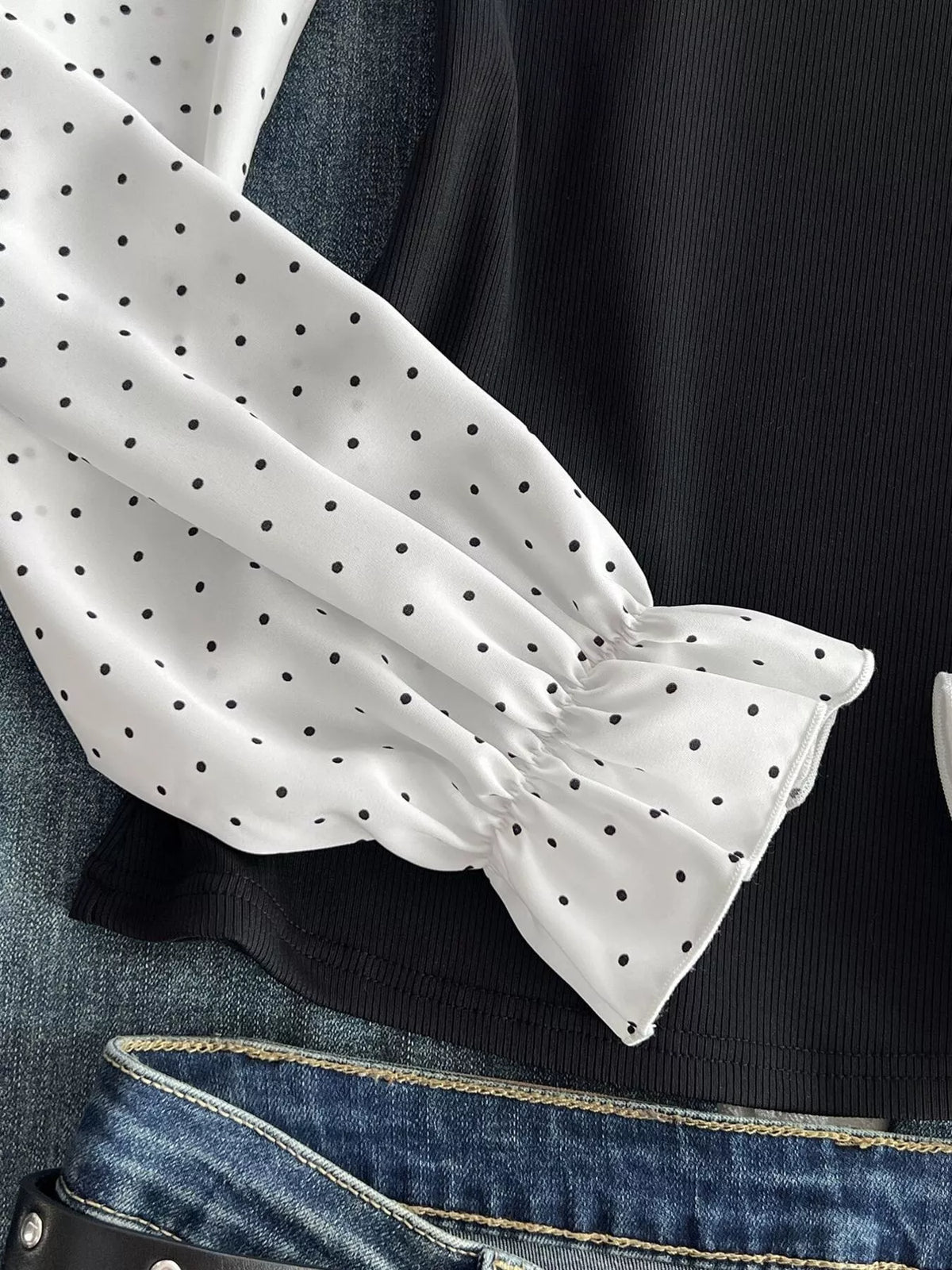 Polka Dot Flounce Sleeve Layered Look Blouse