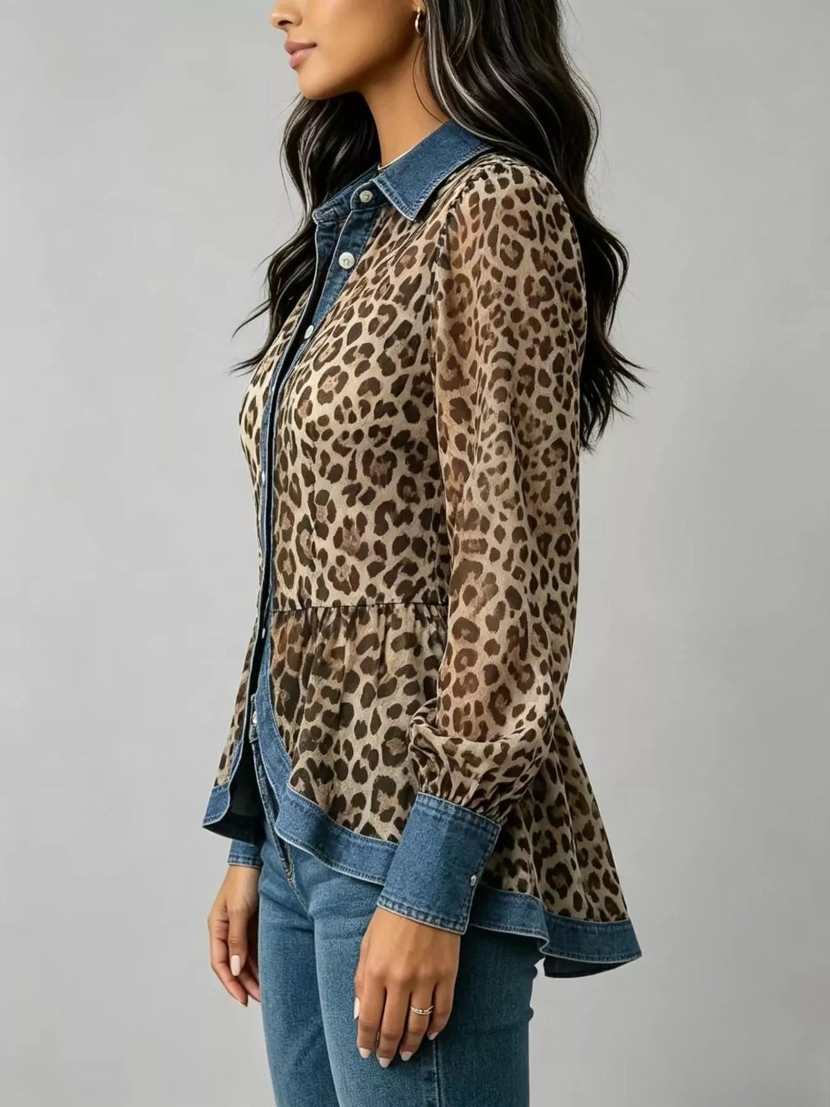 Full Size Leopard Print Blouse with Denim Contrast Trim Plus Size