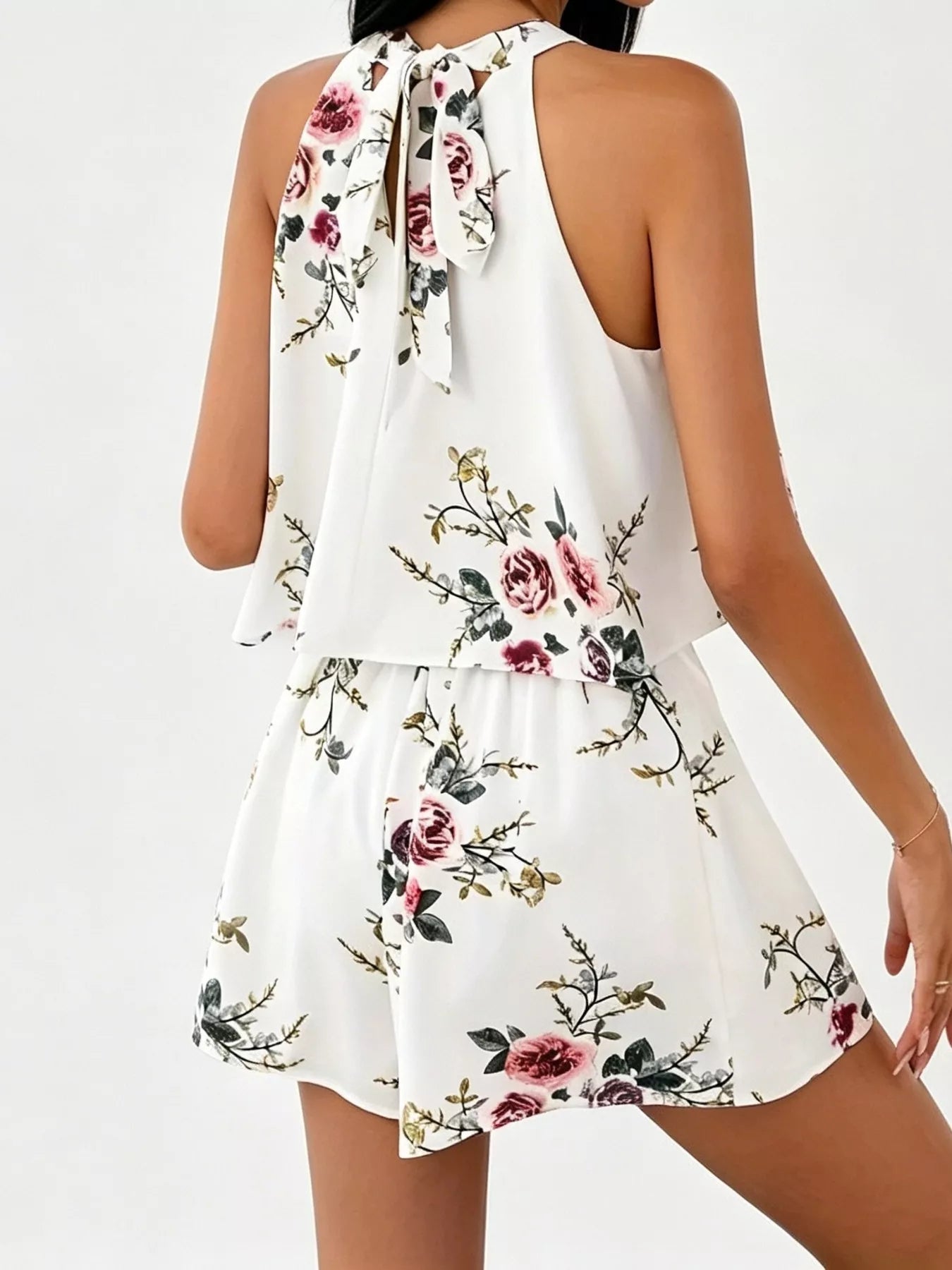 Full Size Floral Print Halter Neck Tank Top and Pleated Shorts Set Plus Size
