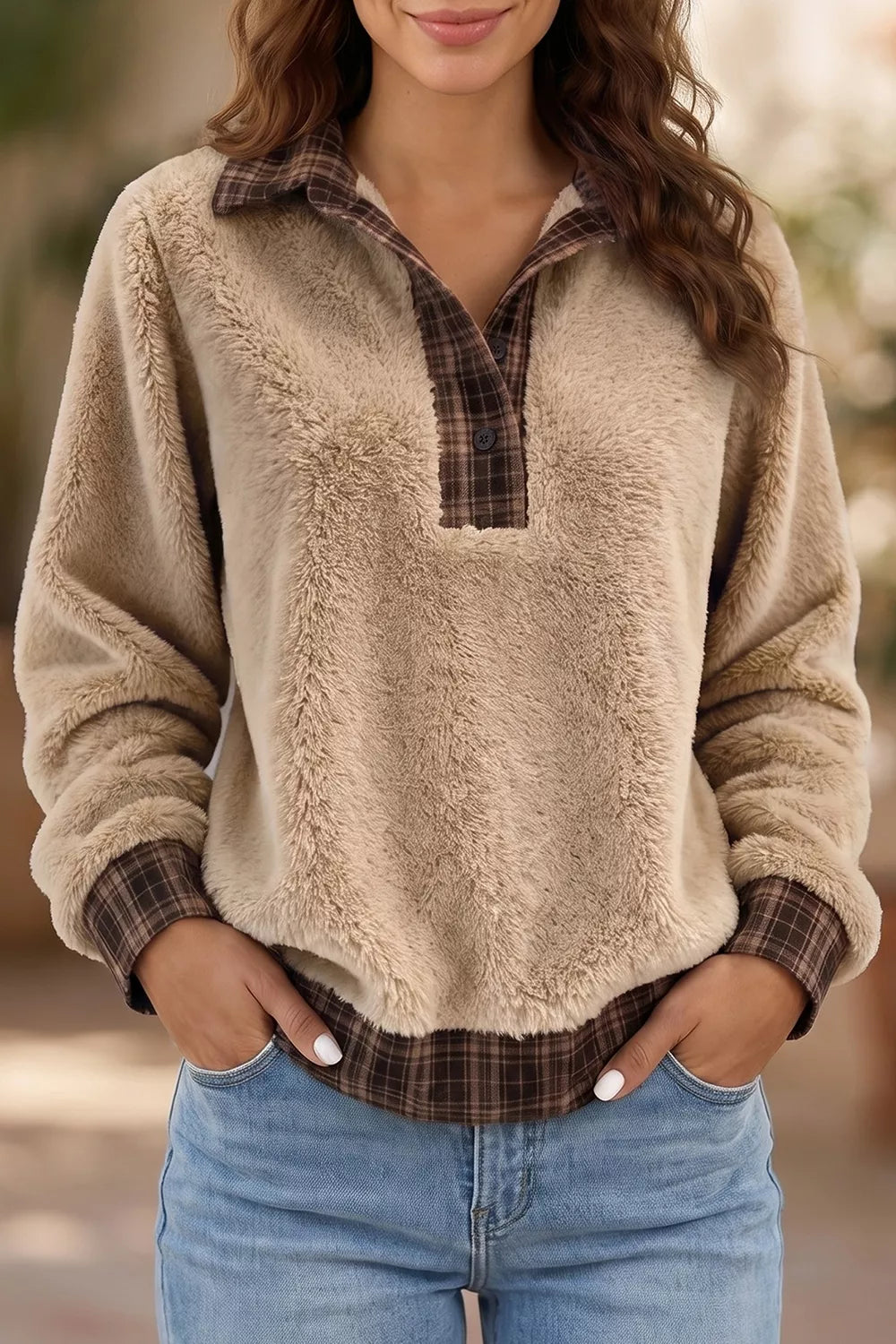 Plaid Collar Button Front Fleece Pullover Sweatshirt