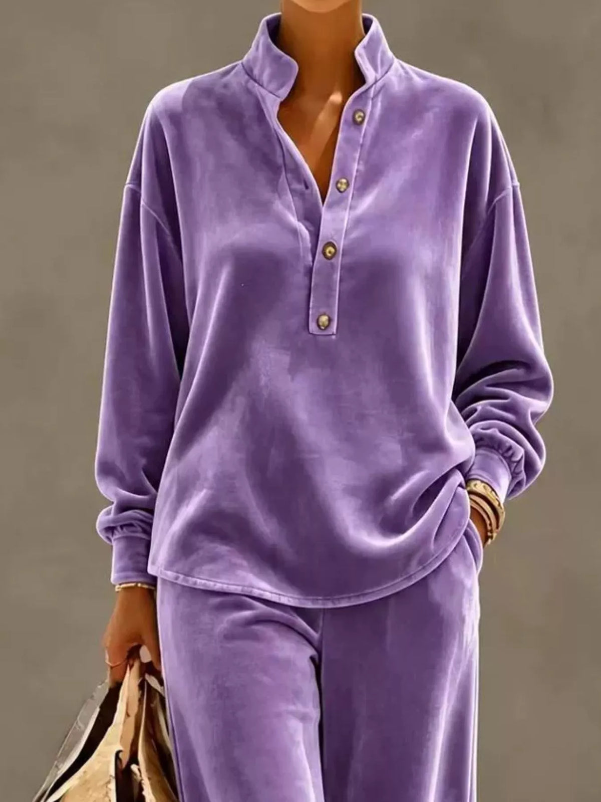 Full Size Half Button Top and Wide Leg Pants Set Plus Size