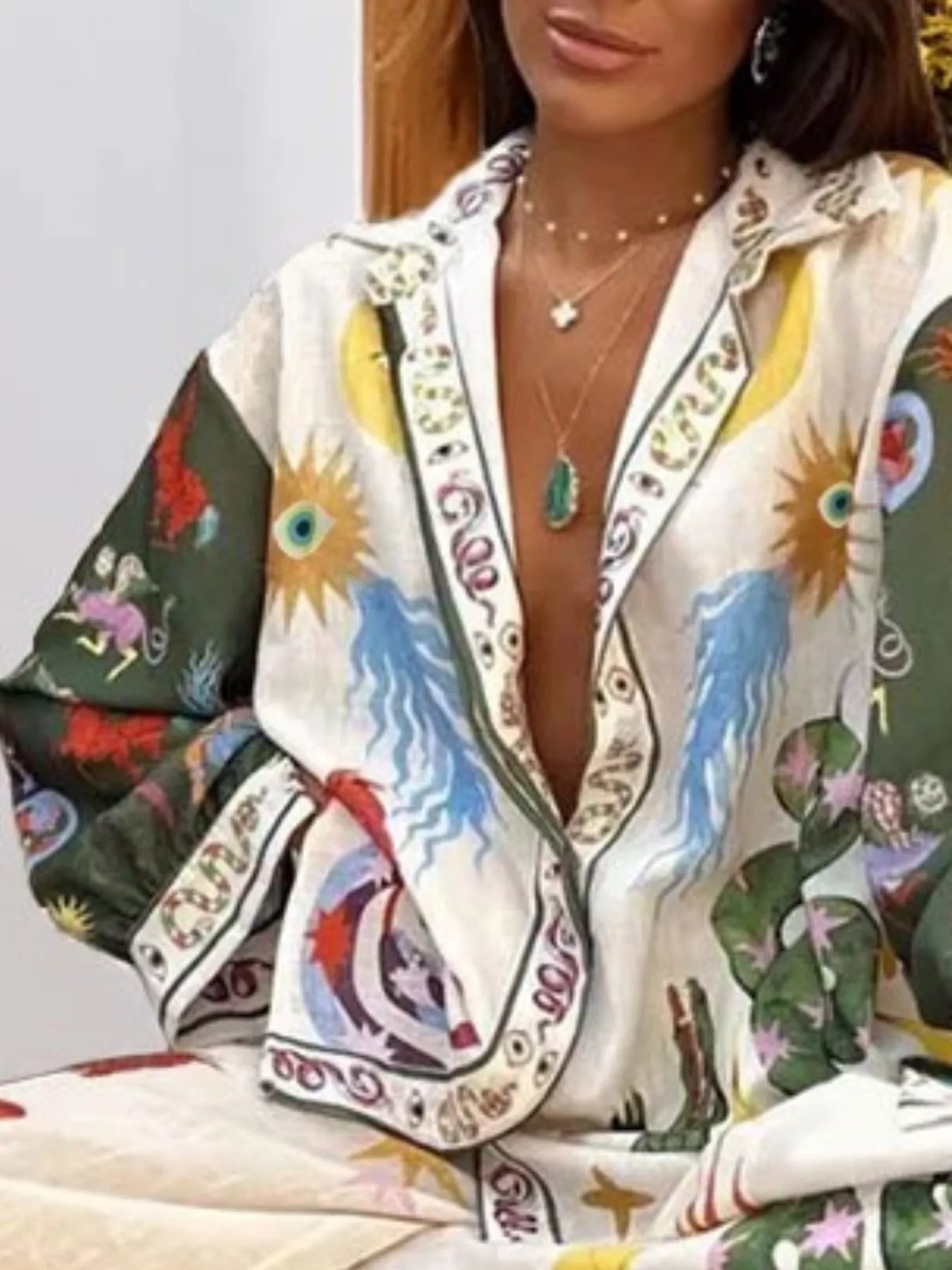 Full Size Printed Long Sleeve Shirt and Wide Leg Pants Set Plus Size