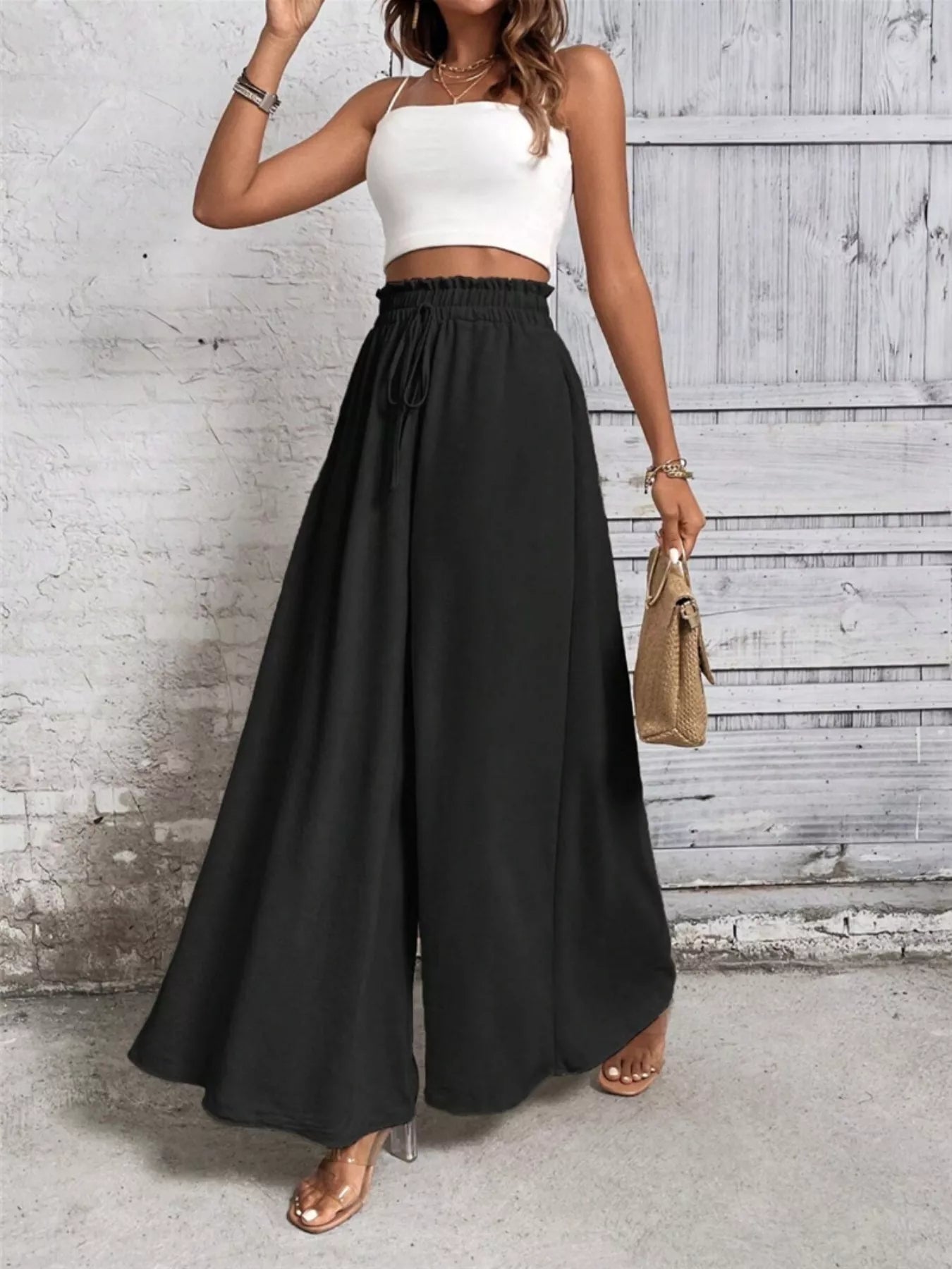 Wide Leg Drawstring Waist Casual Pants
