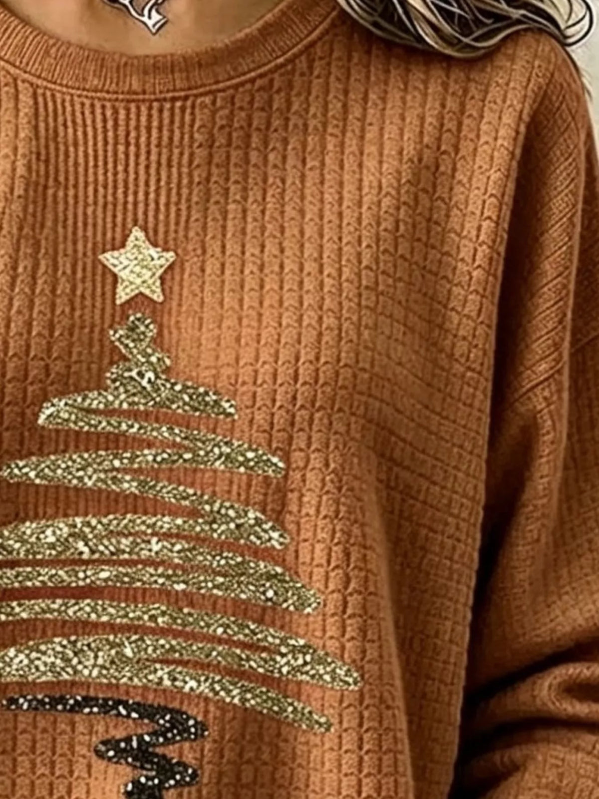 Full Size Festive Christmas Tree Graphic Ribbed Sweatshirt Plus Size