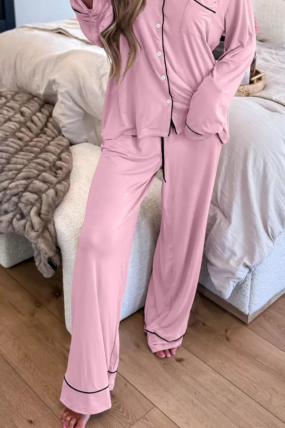 Contrast Trim Button Up Top and Pants Set