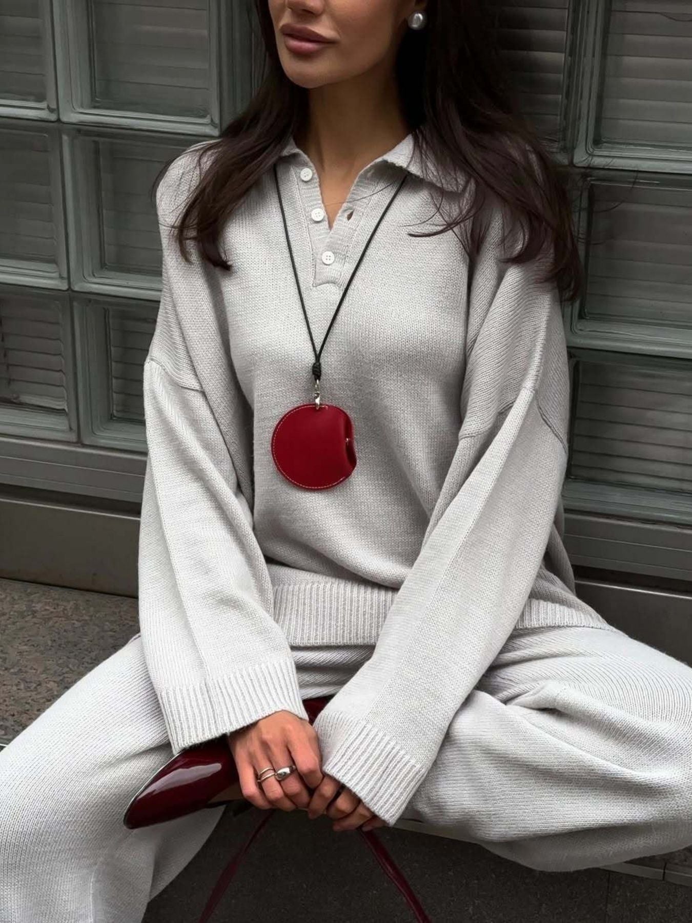 Polo Collar Top and Wide Leg Pants Knit Set
