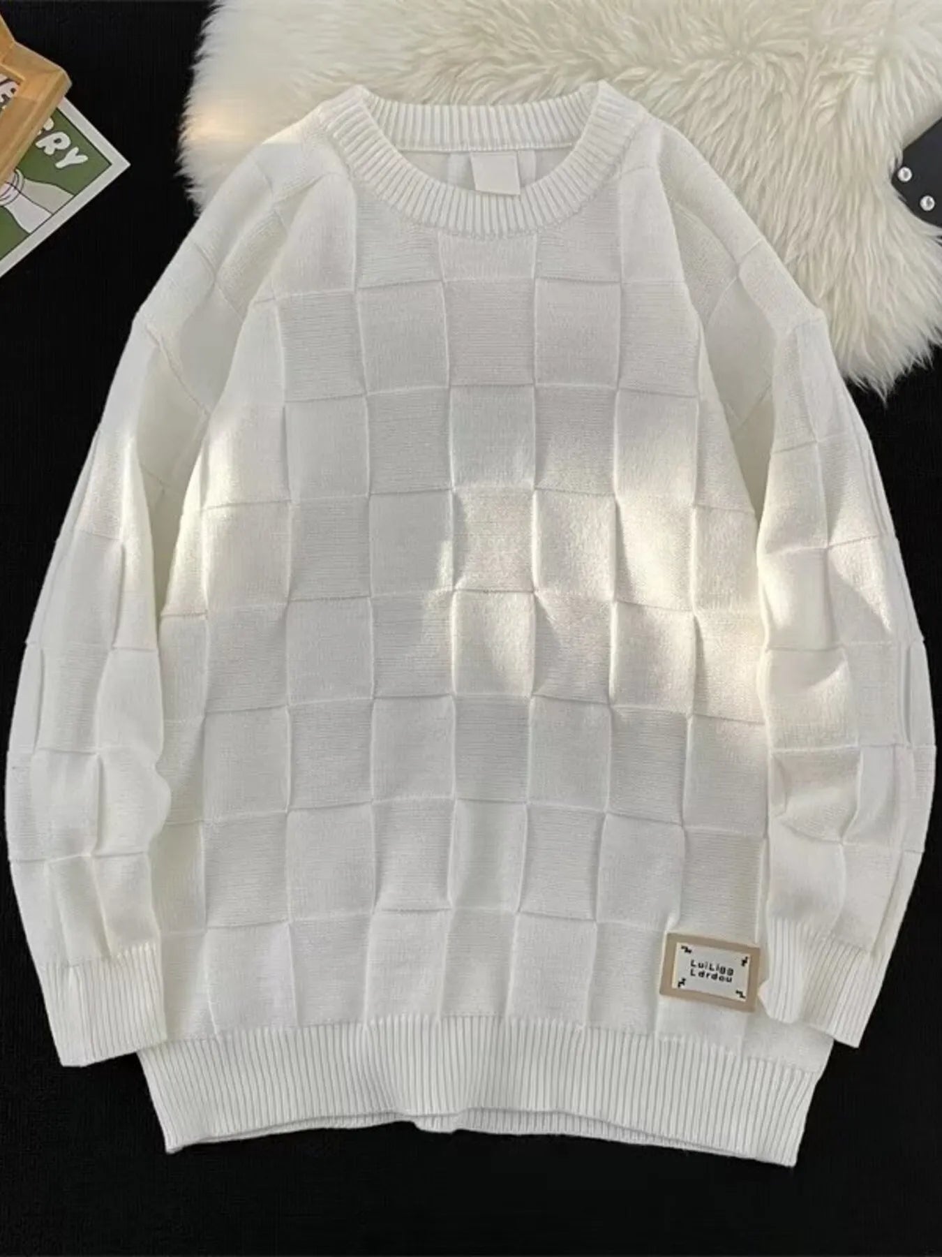 Textured Grid Pattern L;ong Sleeve Sweater
