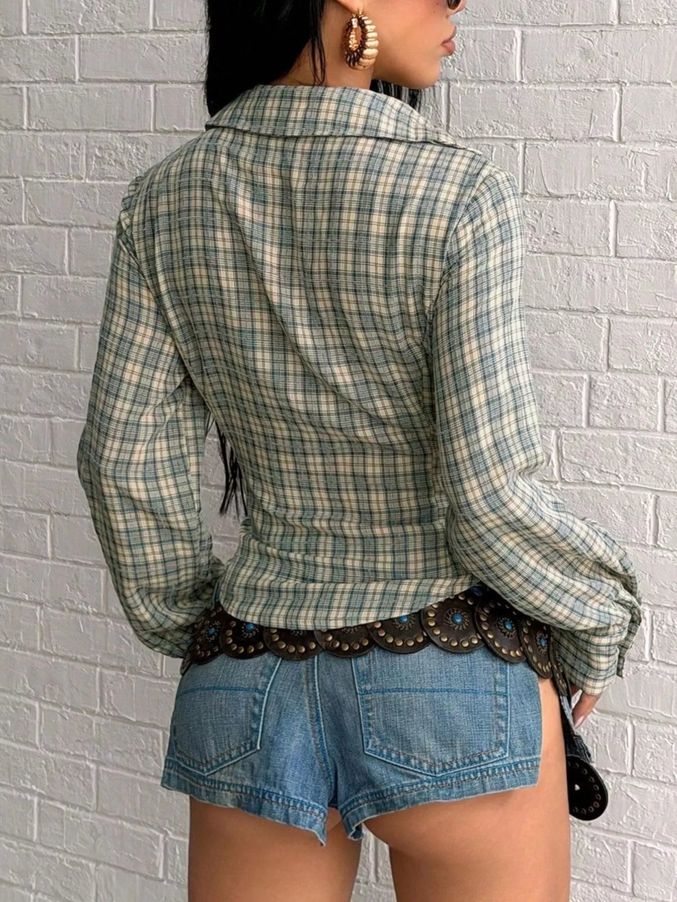 Plaid Deep V-Neck Long Sleeve Slim Fit Blouse
