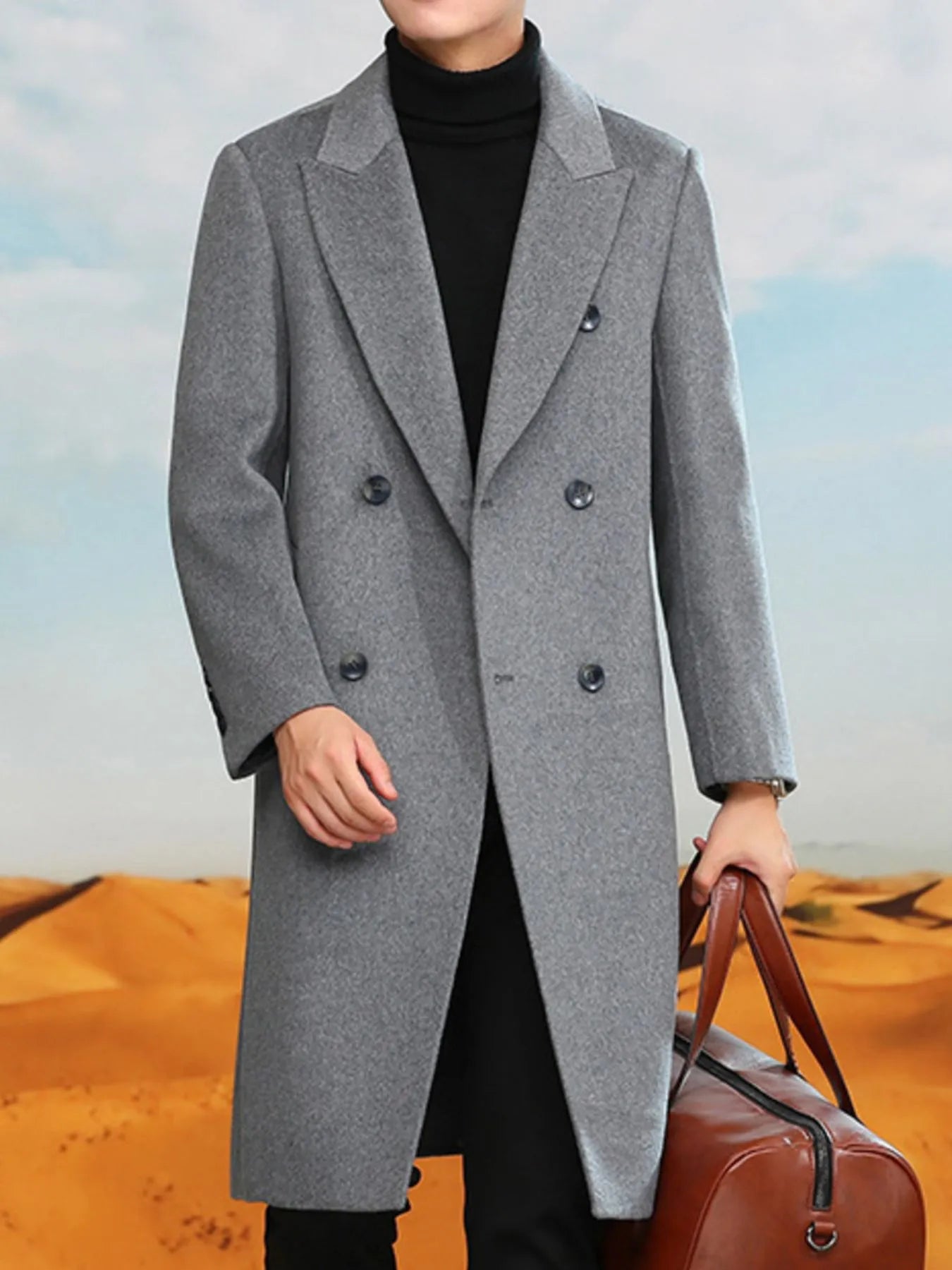 Men's Plus Size Double-Breasted Longline Coat