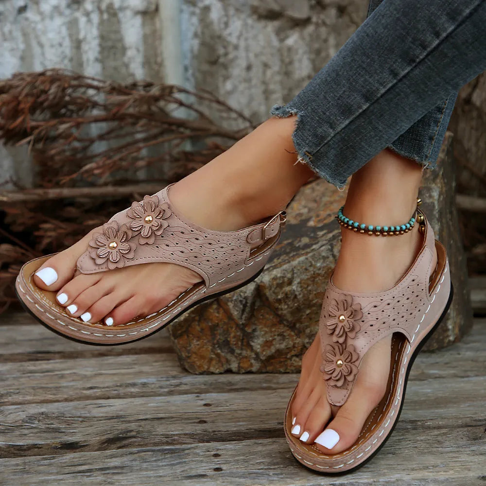 Toe Post Flower Detail Wedge Sandals