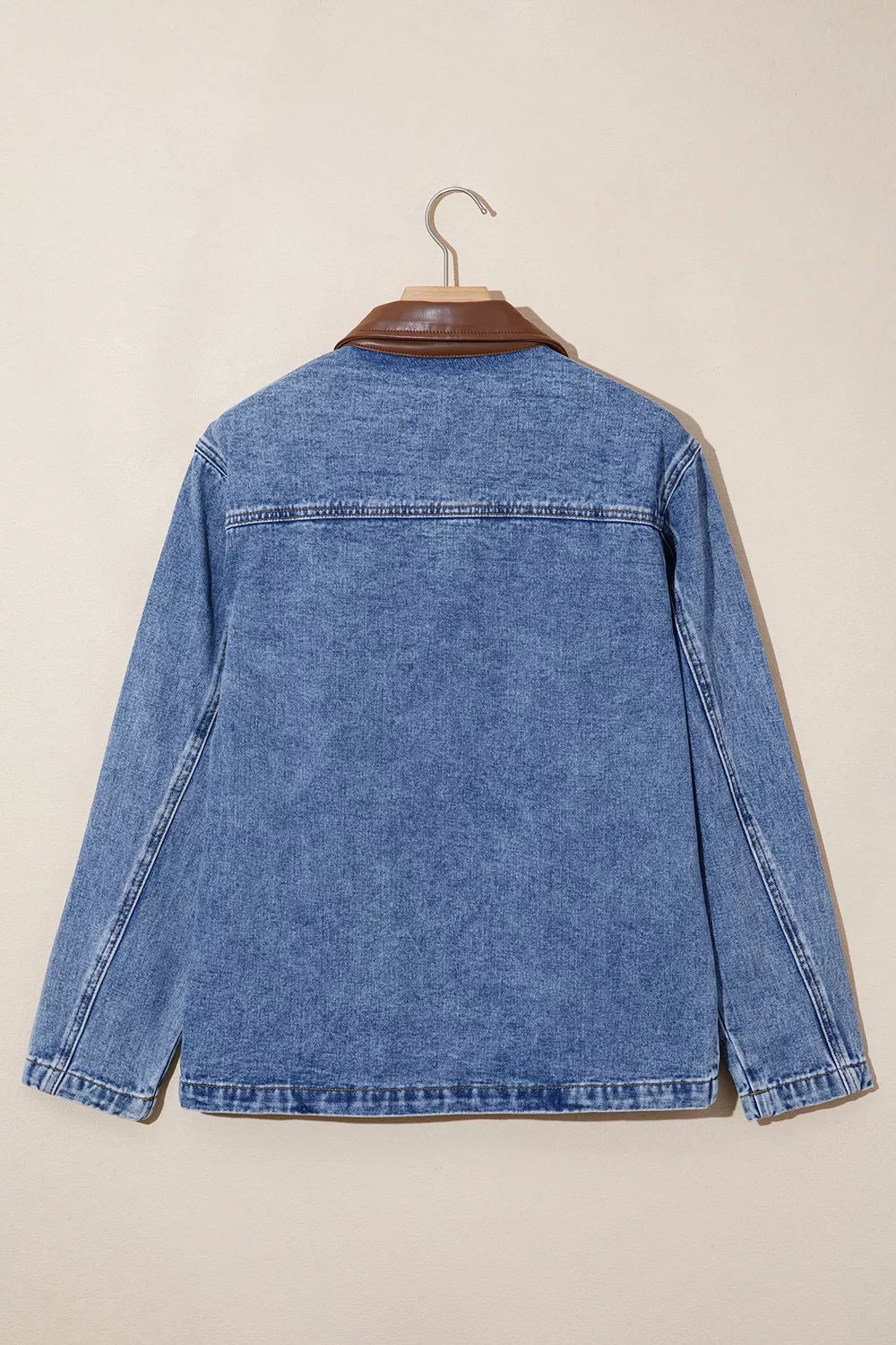 Patchwork Leather Collar Long Sleeve Denim Jacket