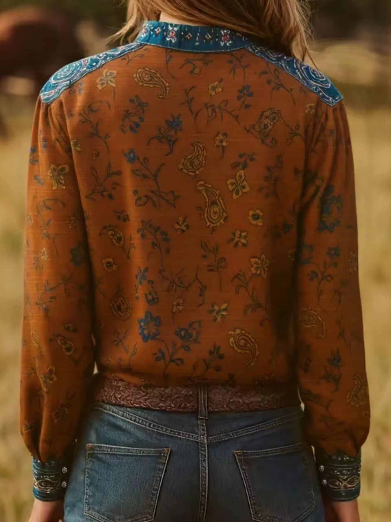 Printed Notched Long Sleeve Blouse