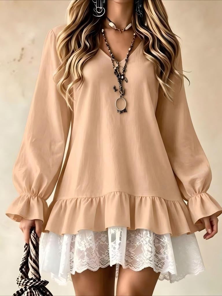 Women's Ruffled V-Neck Lace Hem Mini Dress with Lantern Sleeves