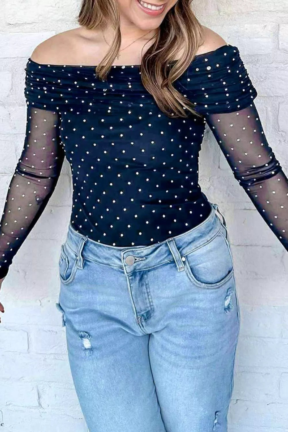 Off-Shoulder Polka Dot Mesh Blouse