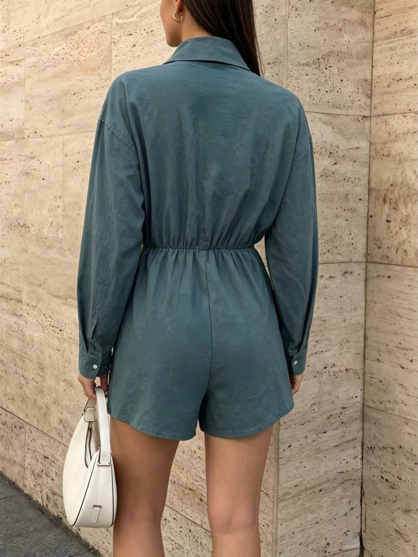 Button Front Long Sleeve Romper
