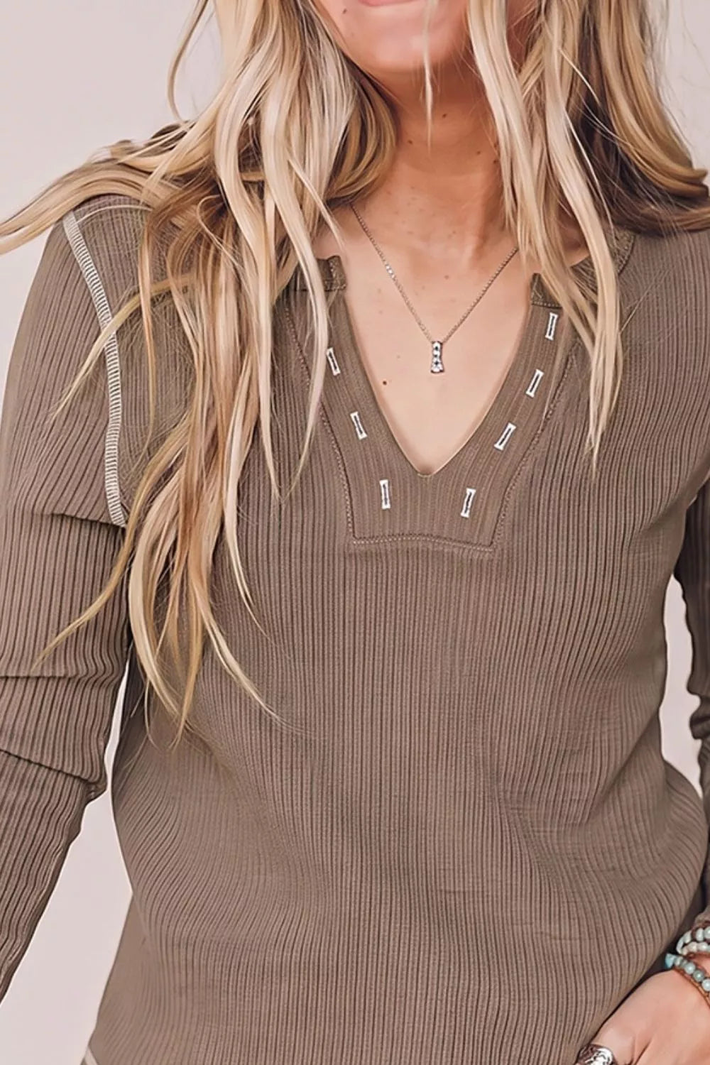 Ribbed Long Sleeve Top with Seam Detail