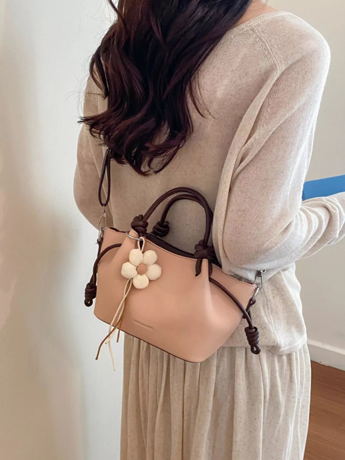 Leather Crossbody Bag with Flower Charm