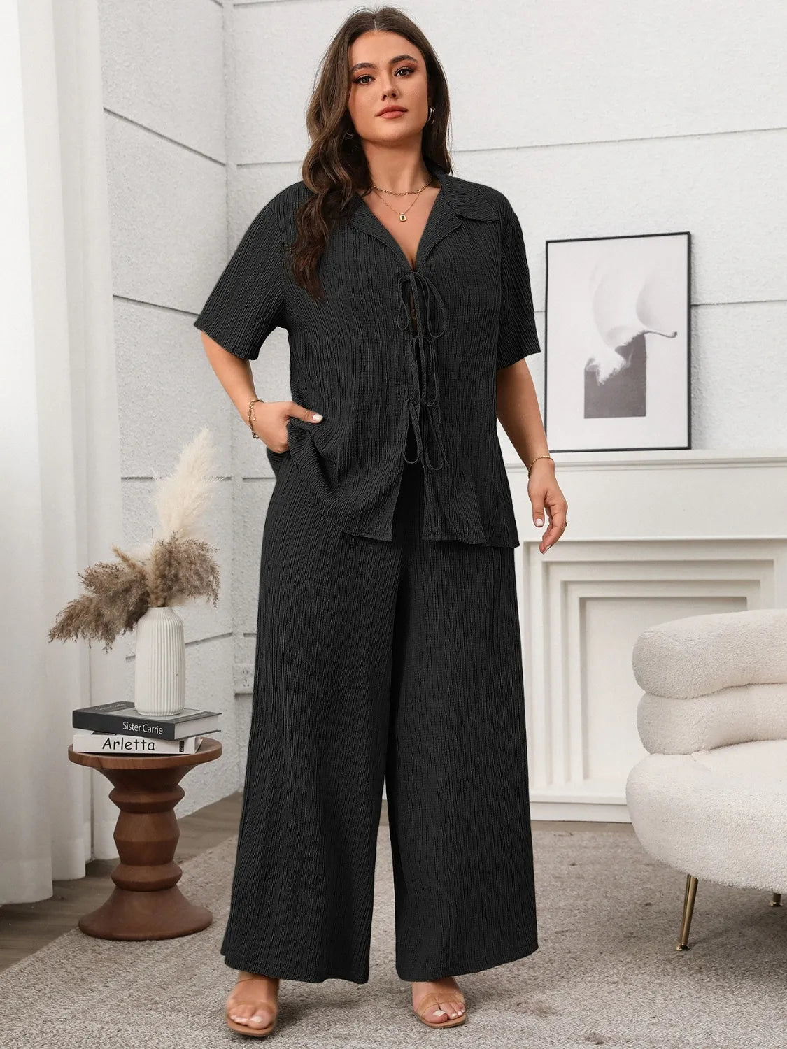 Plus Size Tie Front Short Sleeve Top and Pants Set