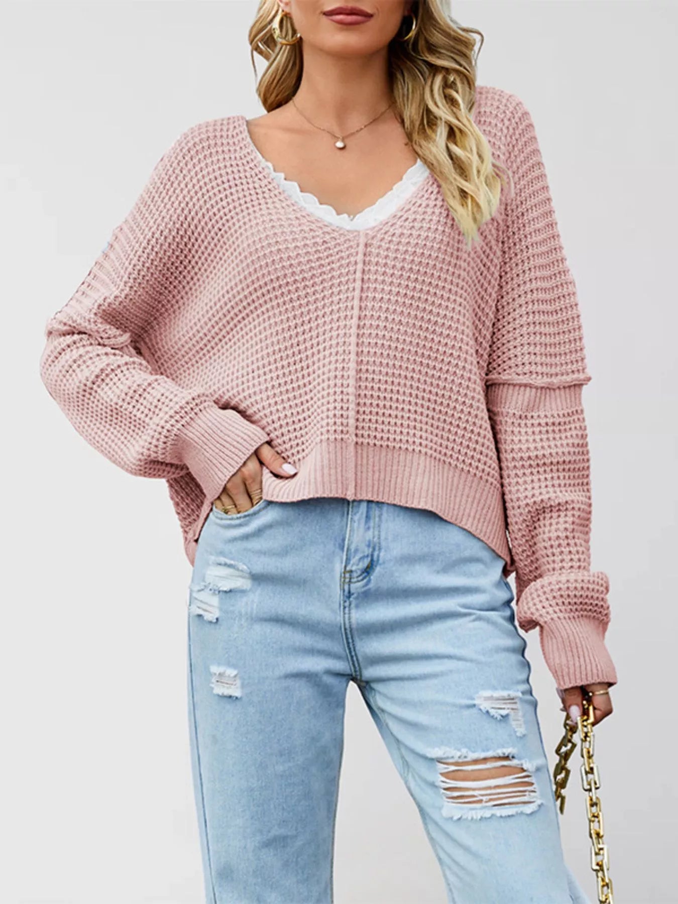Waffle Knit Dropped Shoulder Sweater