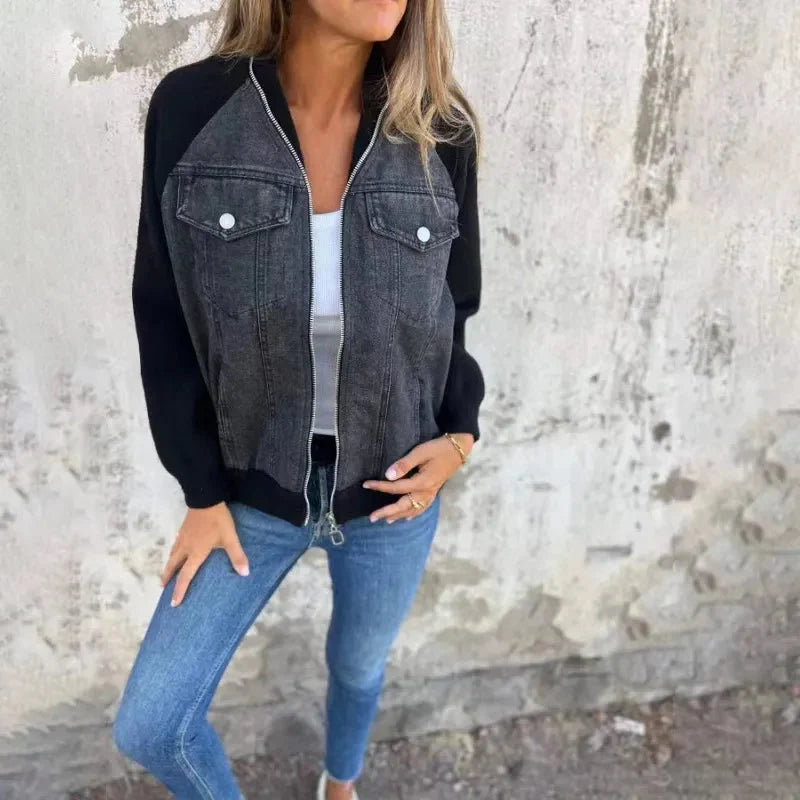Women's Denim Patchwork Zip-Up Jacket