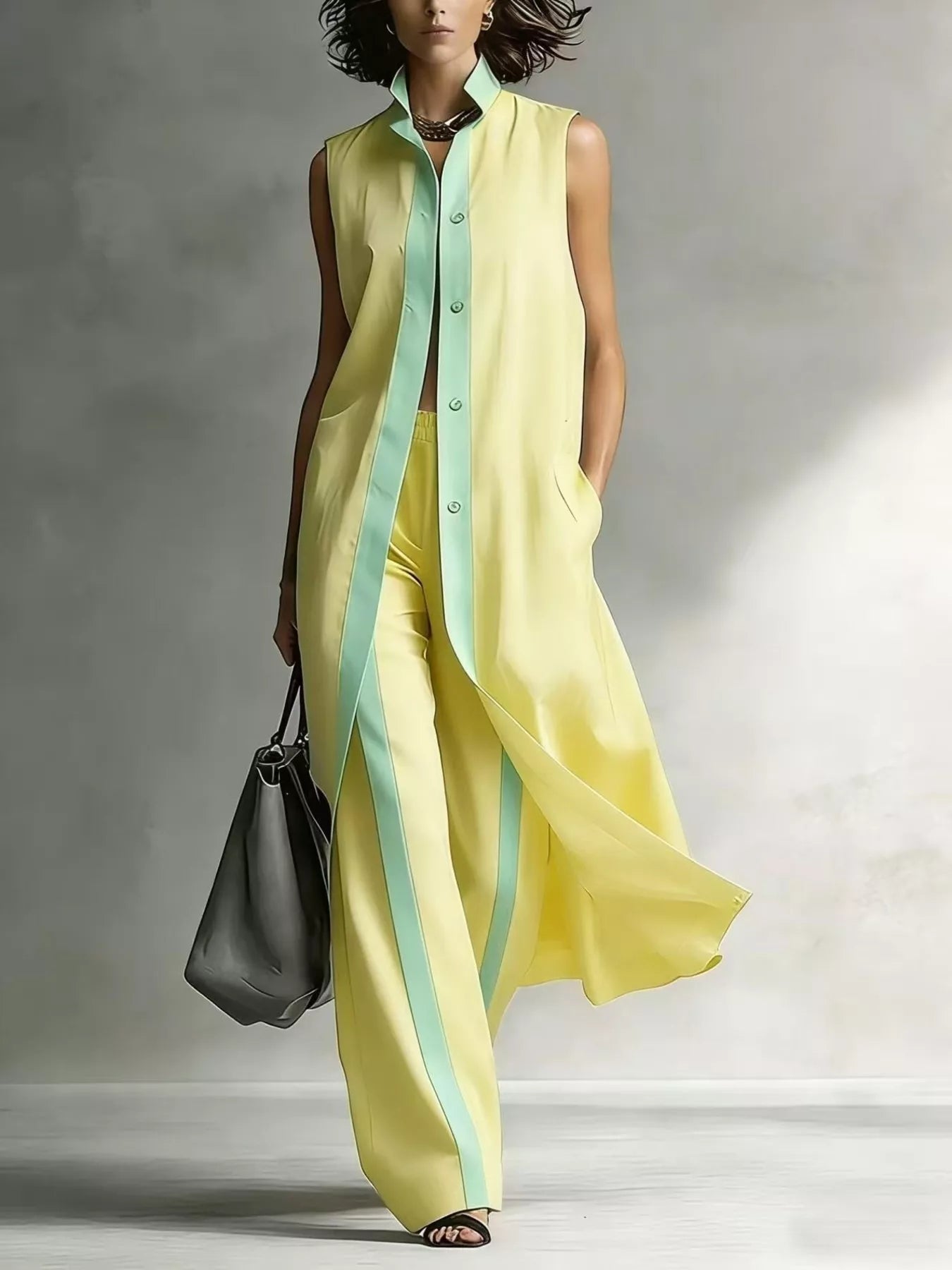 Full Size Sleeveless Longline Vest and Wide‑Leg Pants Set Plus Size