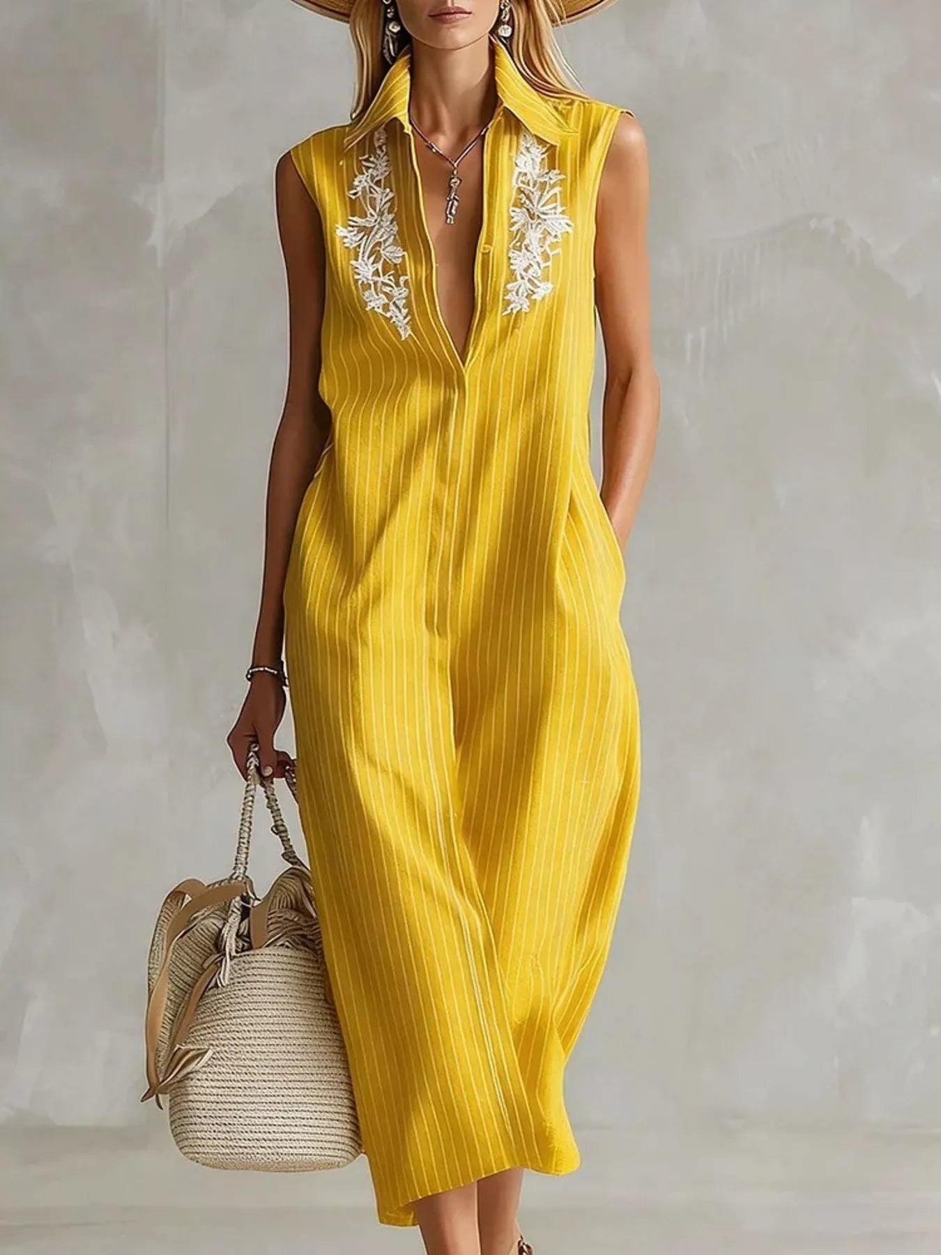 Full Size Striped Sleeveless Collared Neck Shirt Dress Plus Size