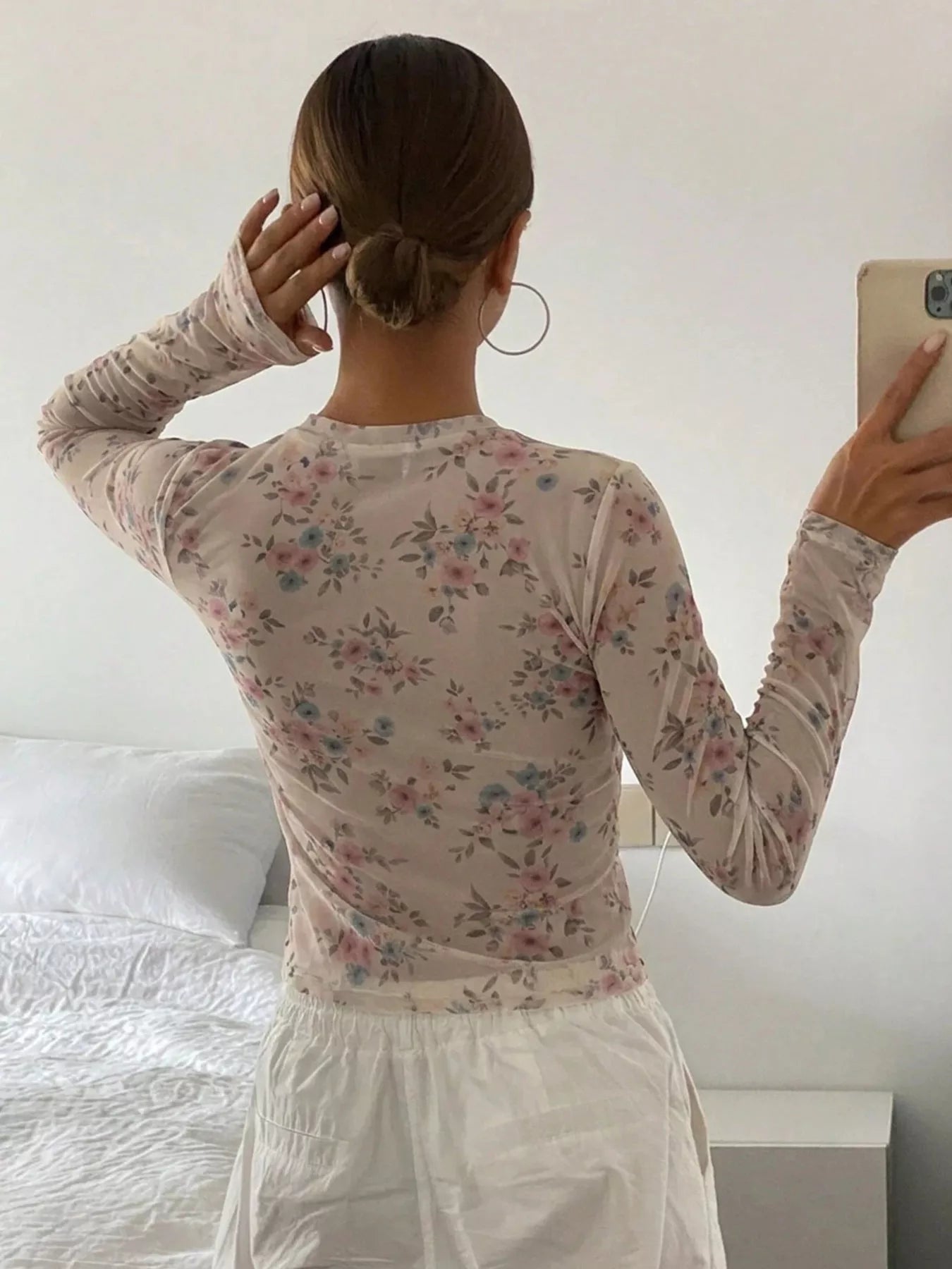 Sheer Floral Print Long Sleeve T-Shirt