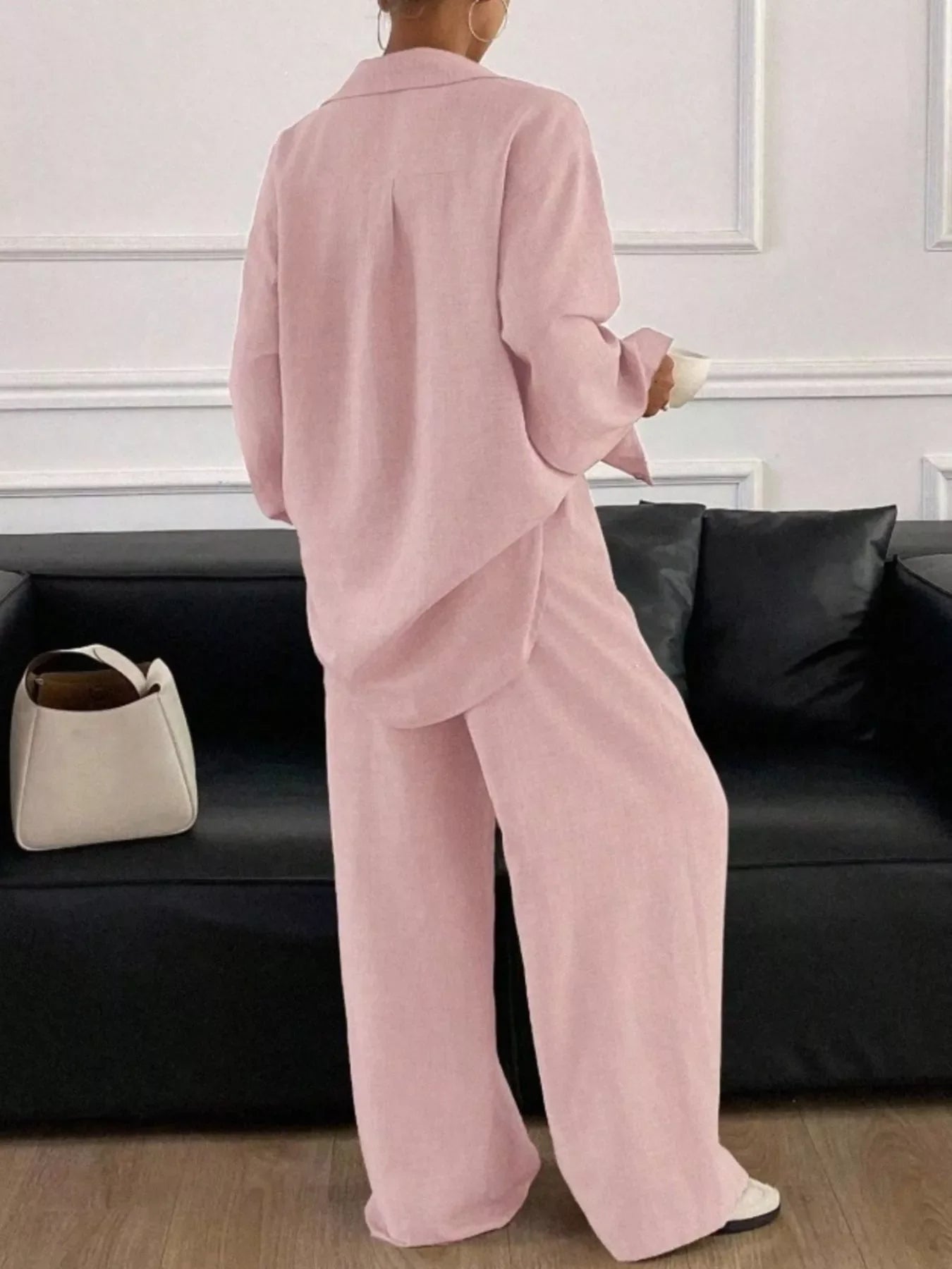 Button-Down Shirt and Wide-Leg Pants Set