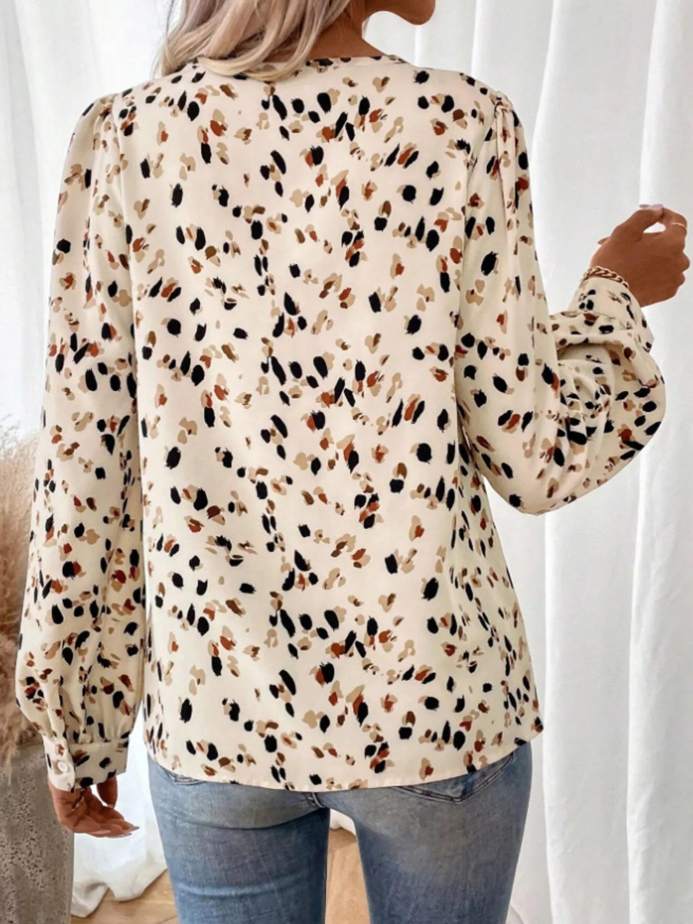 Leopard Print Zipper V-Neck Blouse