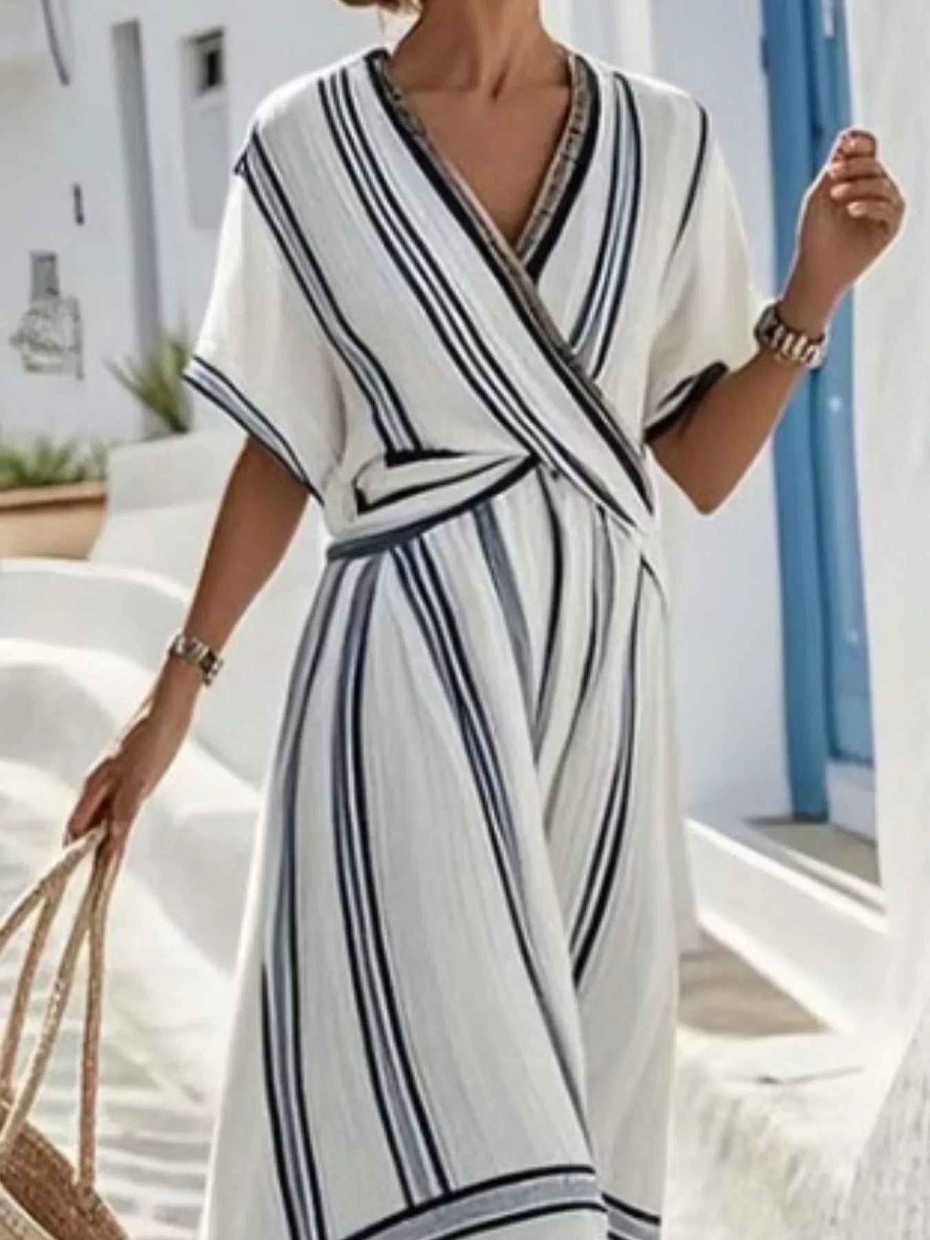 Full Size Striped Short Sleeve Wrap Maxi Dress Plus Size