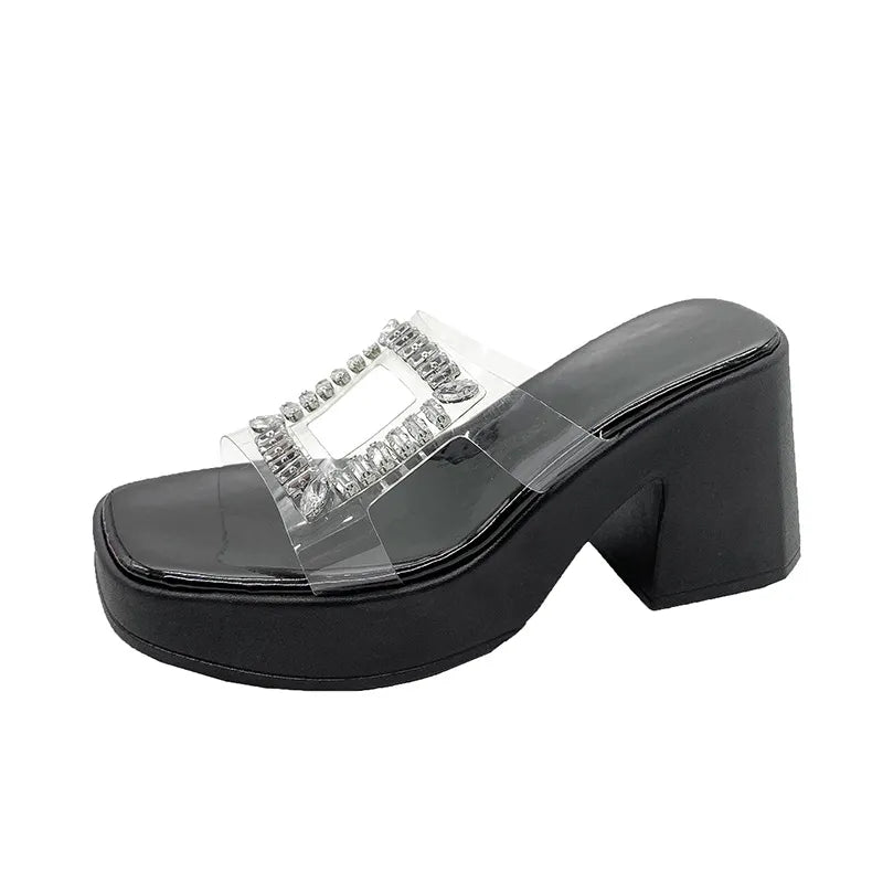 Rhinestone Open Toe Block Heels Sandals