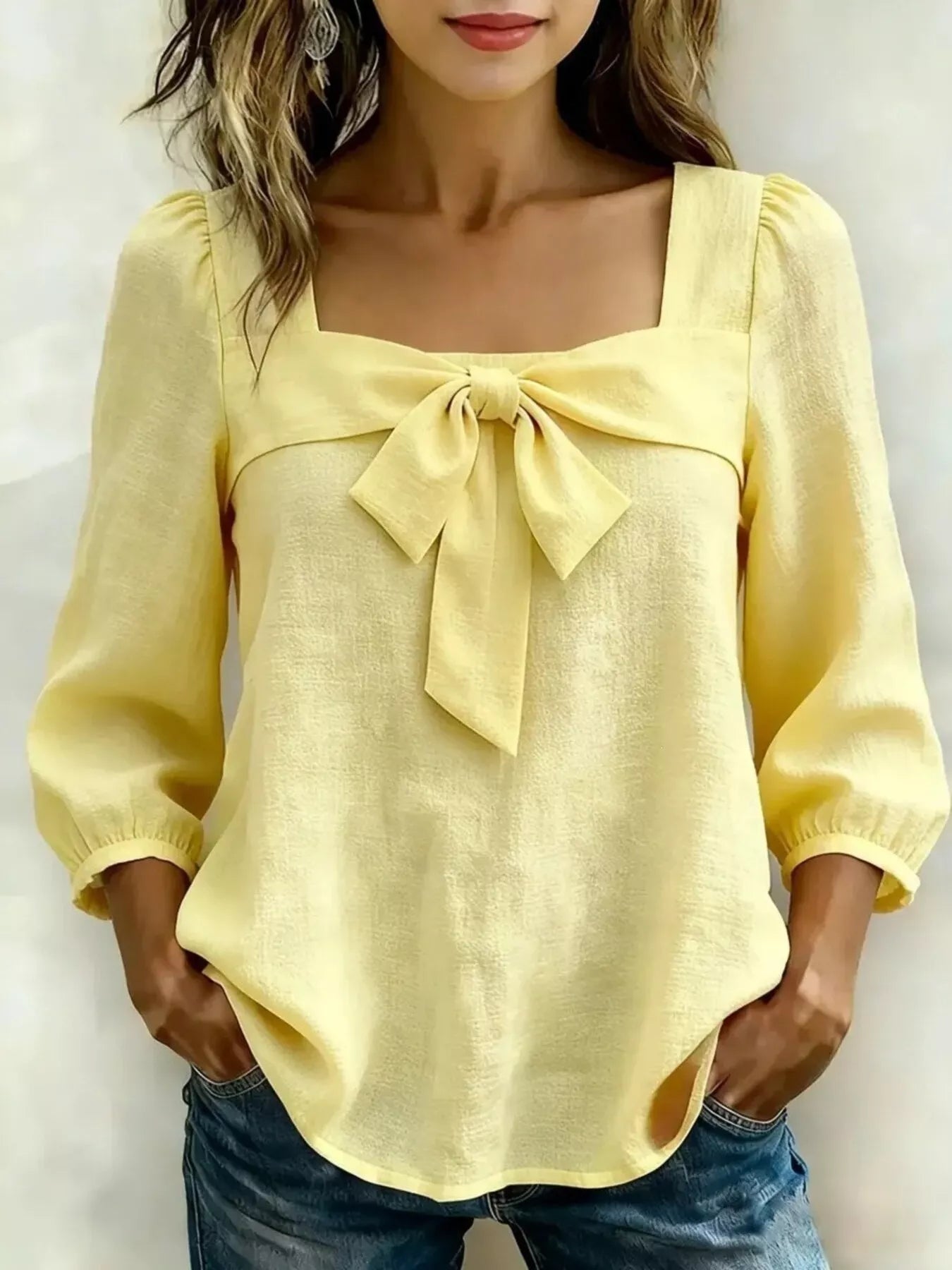 Full Size Bow Front Square Neck Blouse Plus Size