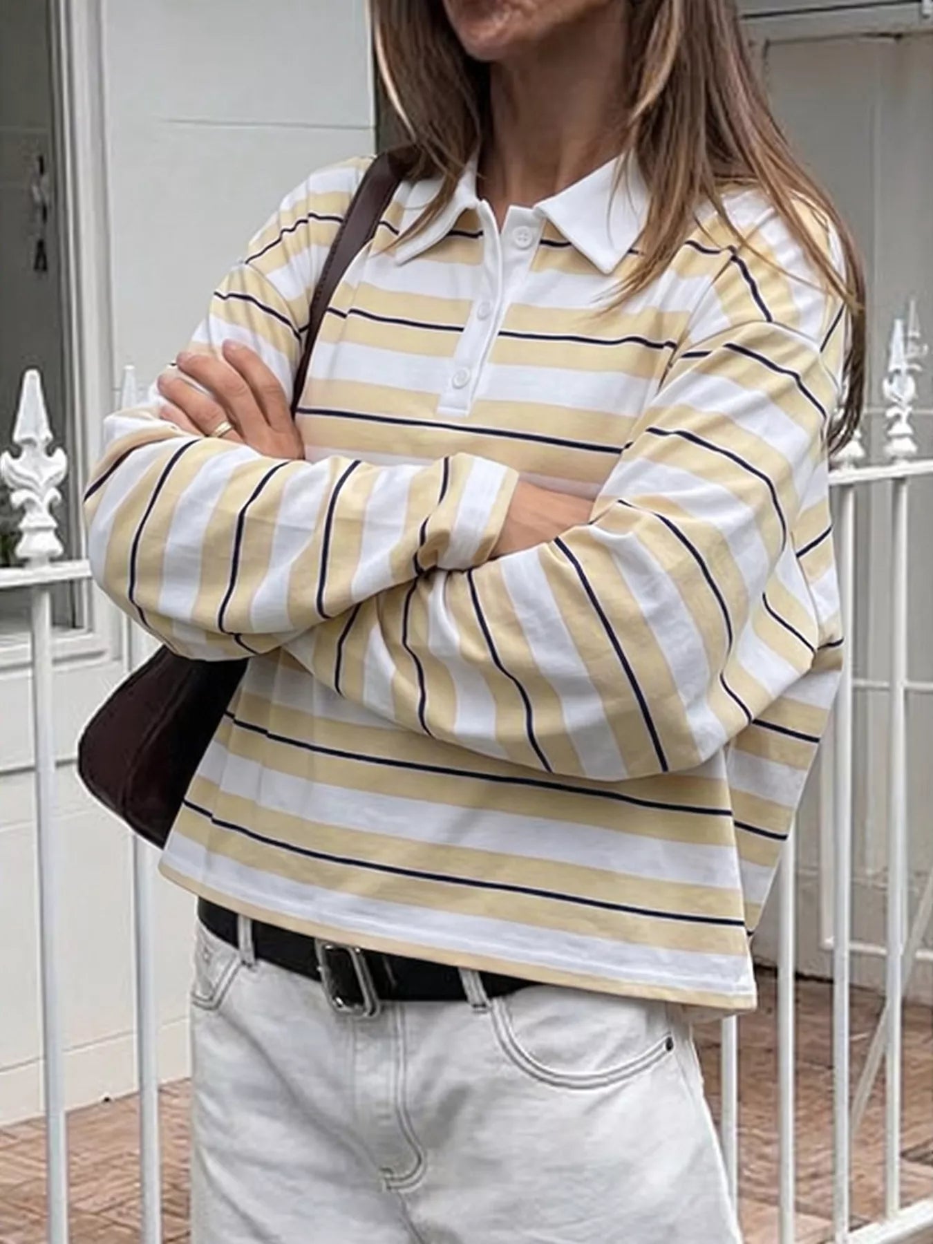 Striped Long Sleeve Polo Top