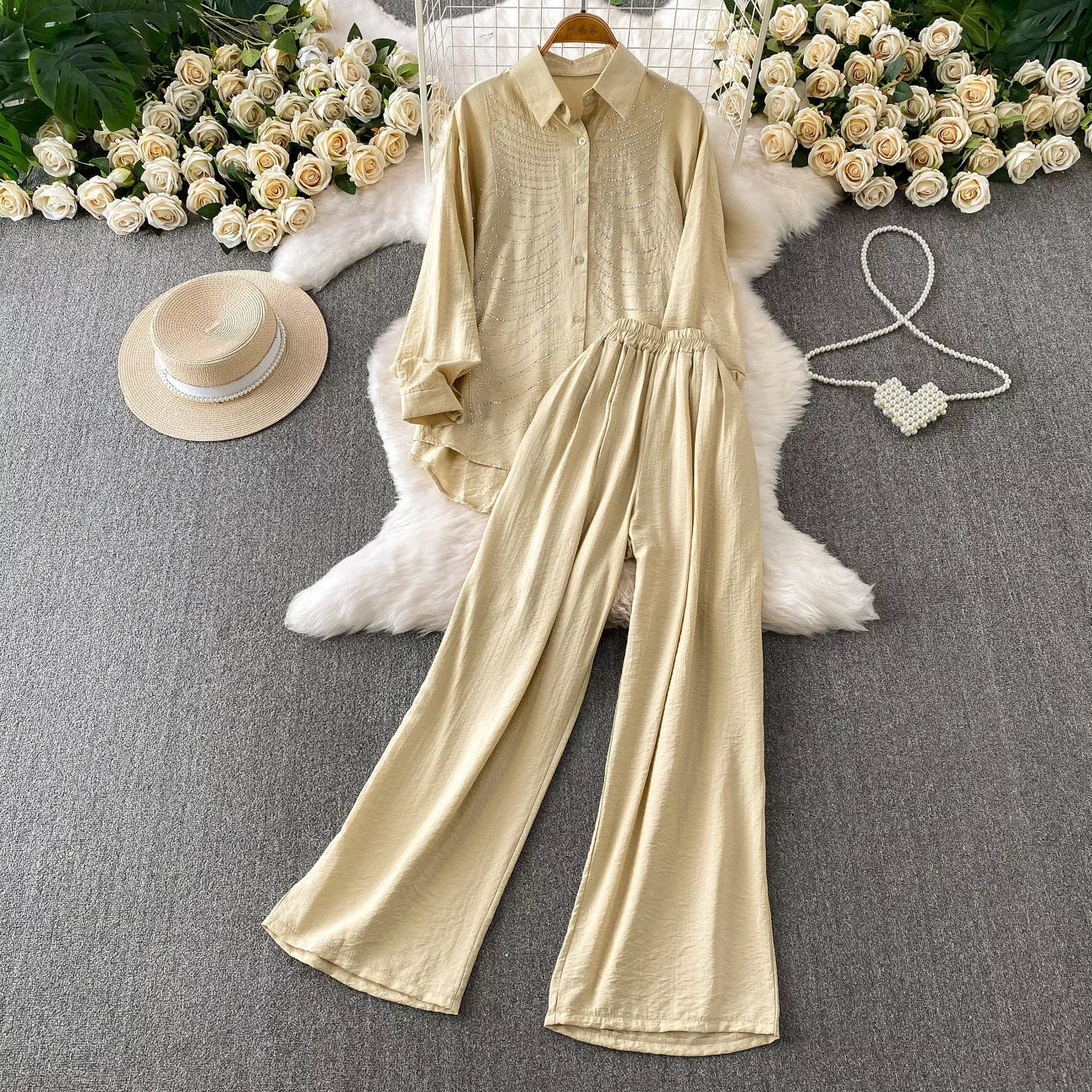Rhinestone Button Up Shirt and Pants Set