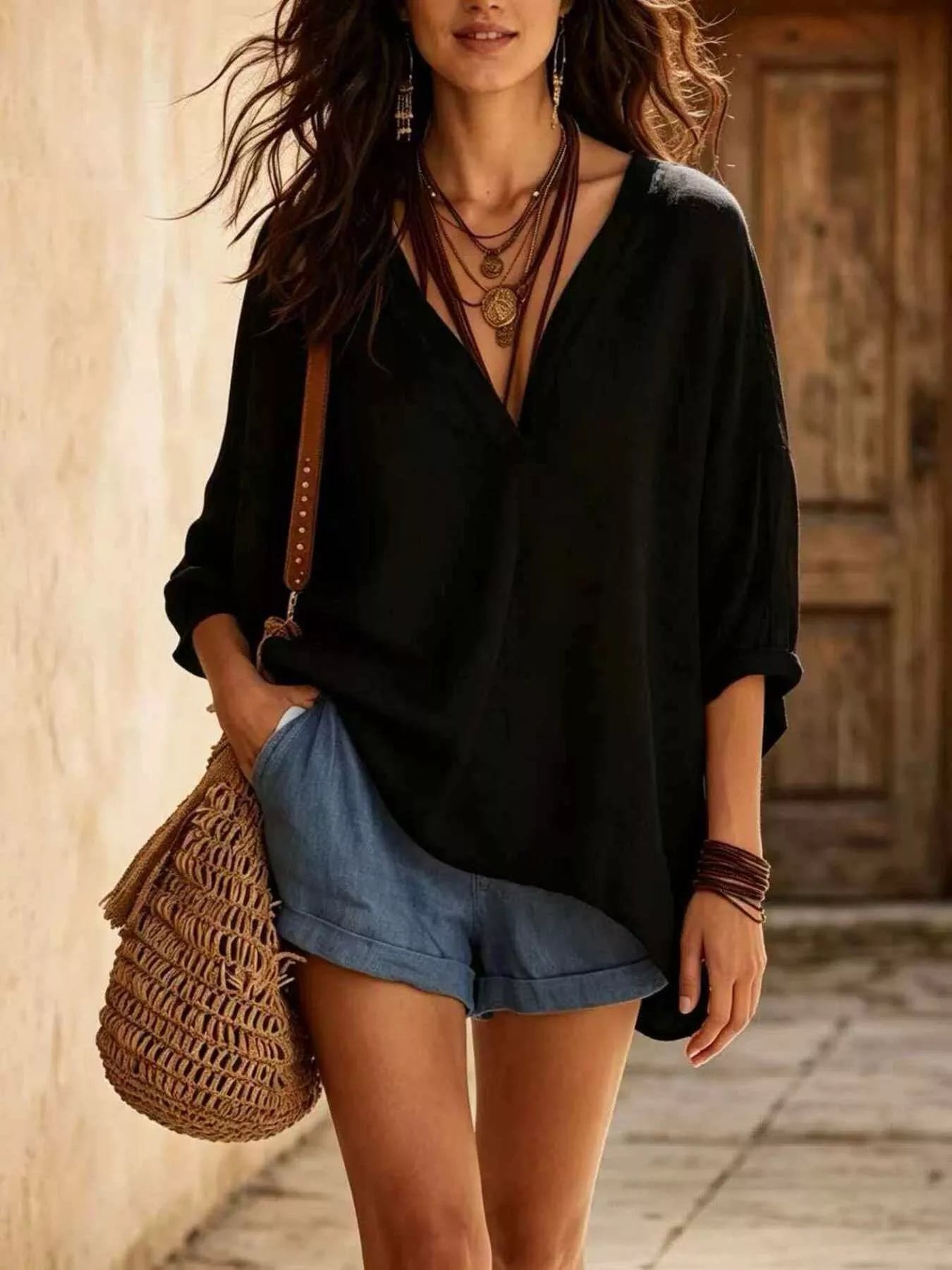 Full Size V-Neck Loose Fit Linen Blend Blouse Plus Size