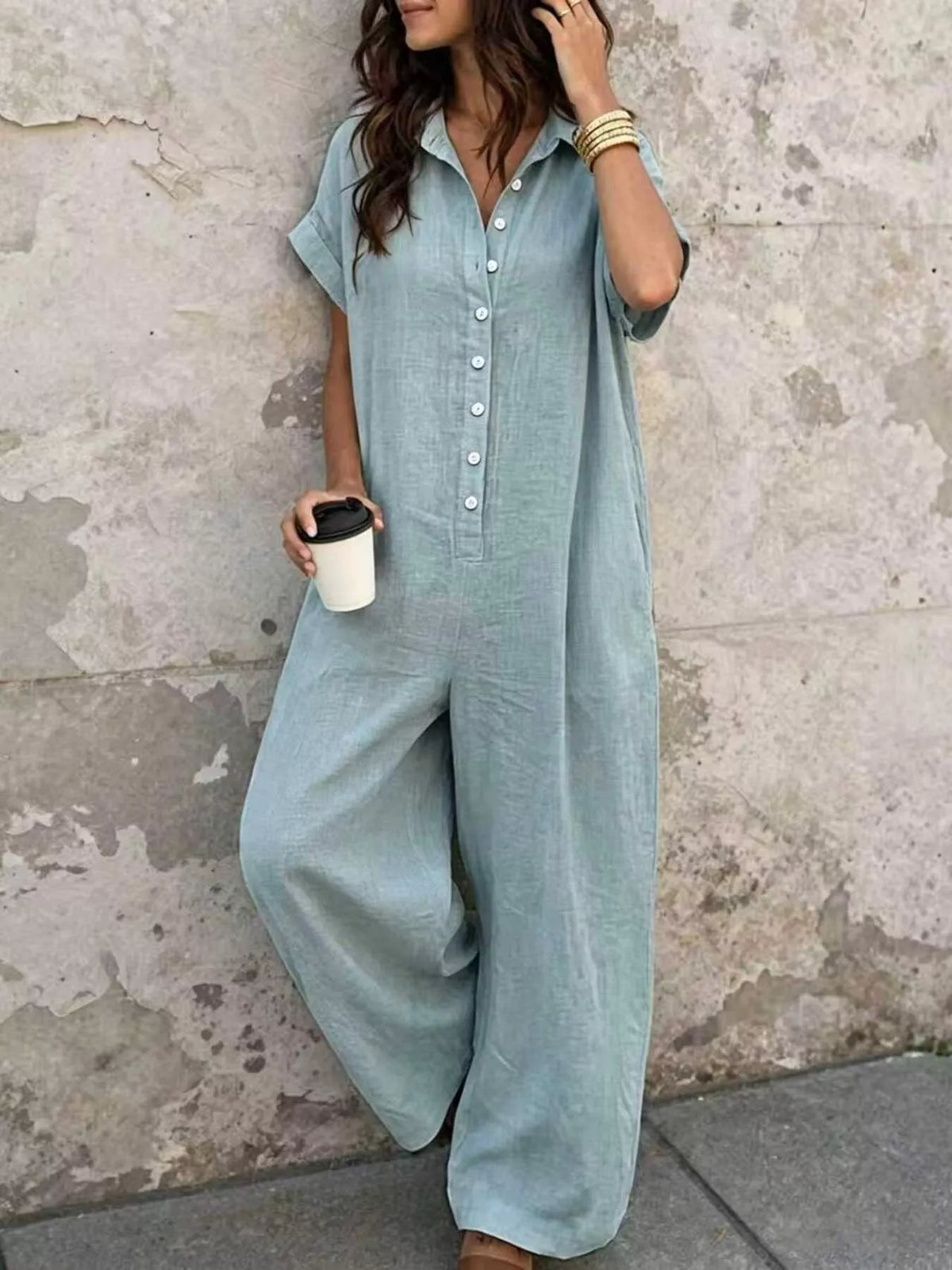 Button Front Short Sleeve Jumpsuit