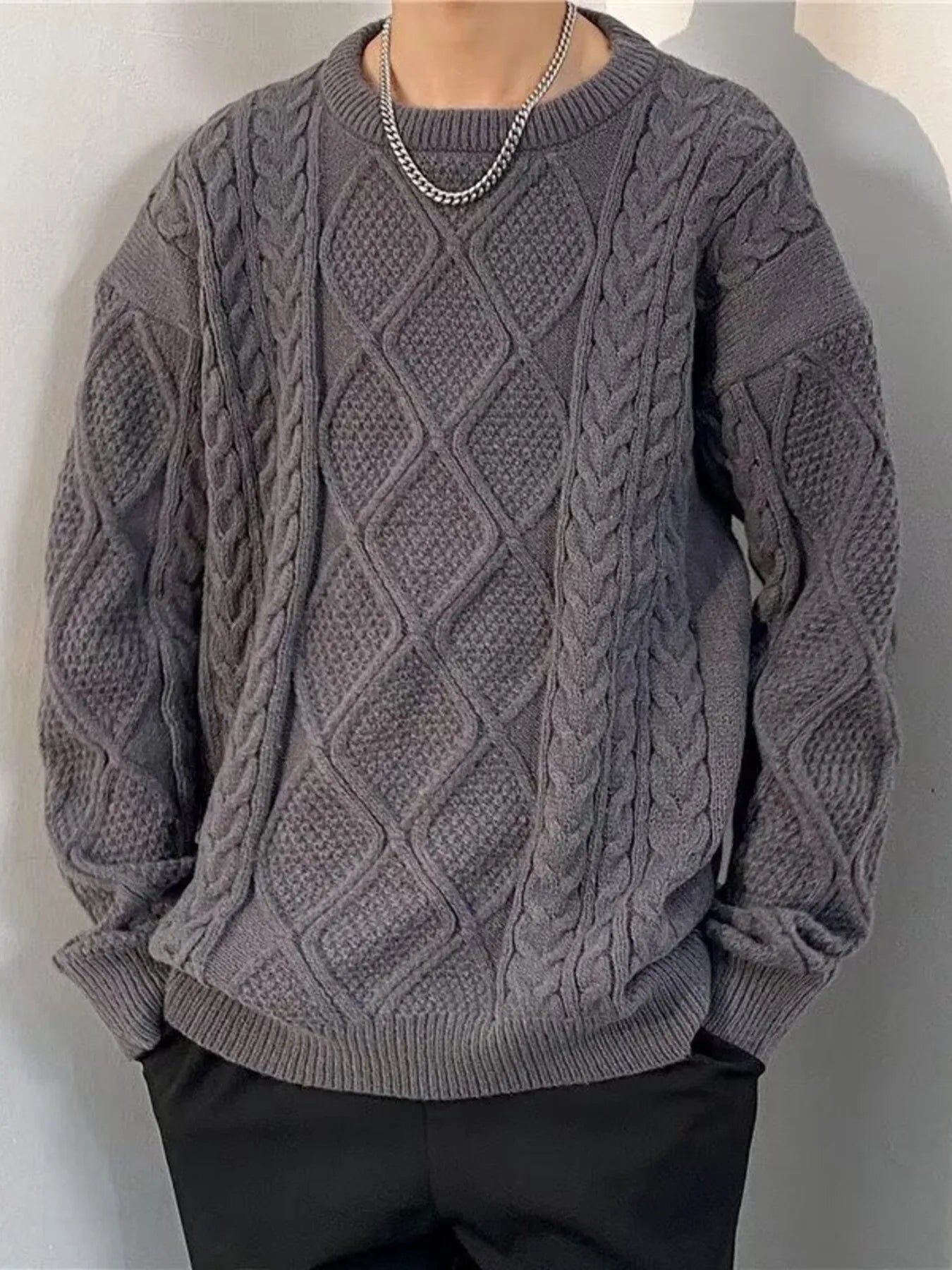 Men's Plus Size Cable Knit Round Neck Sweater