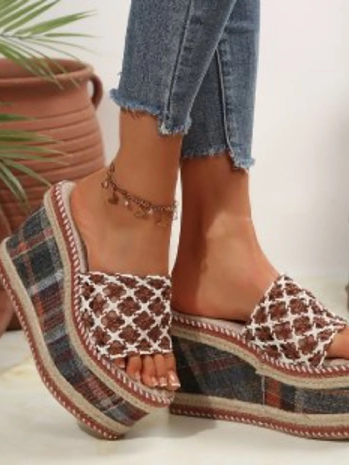 Plaid Platform Wedge Sandals