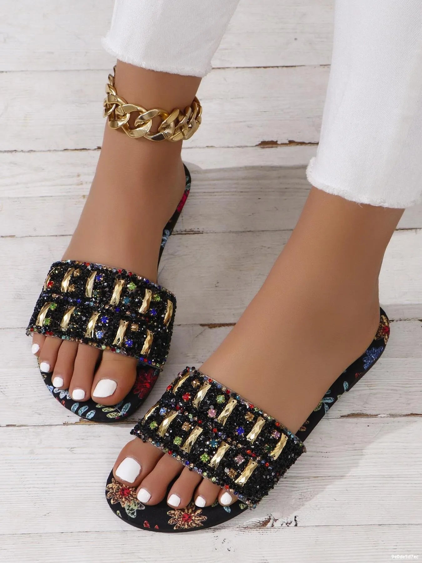 Floral Print Rhinestone Decorated Sandals