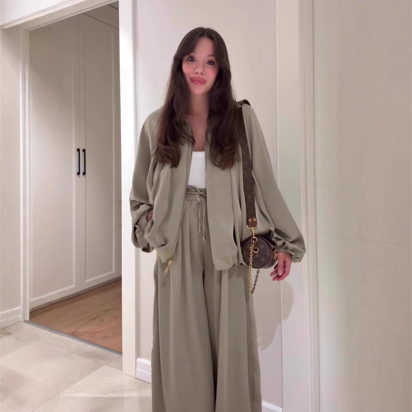 Flip Collar Long Sleeve Jacket & Pants Two-Piece Set
