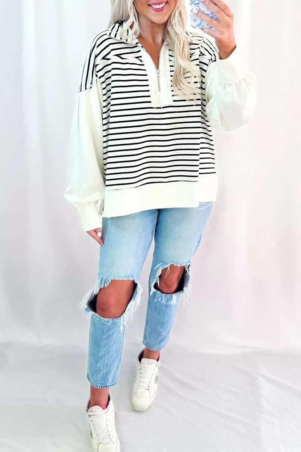 Stripe Color Block Long Puff Sleeve Metal Zip-Up Collar Top
