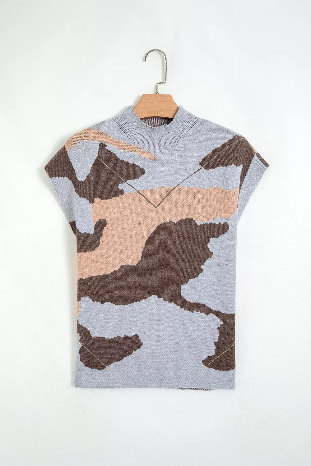Camouflage Pattern Drop Shoulder High Neck Short Sleeve Shift Sweater