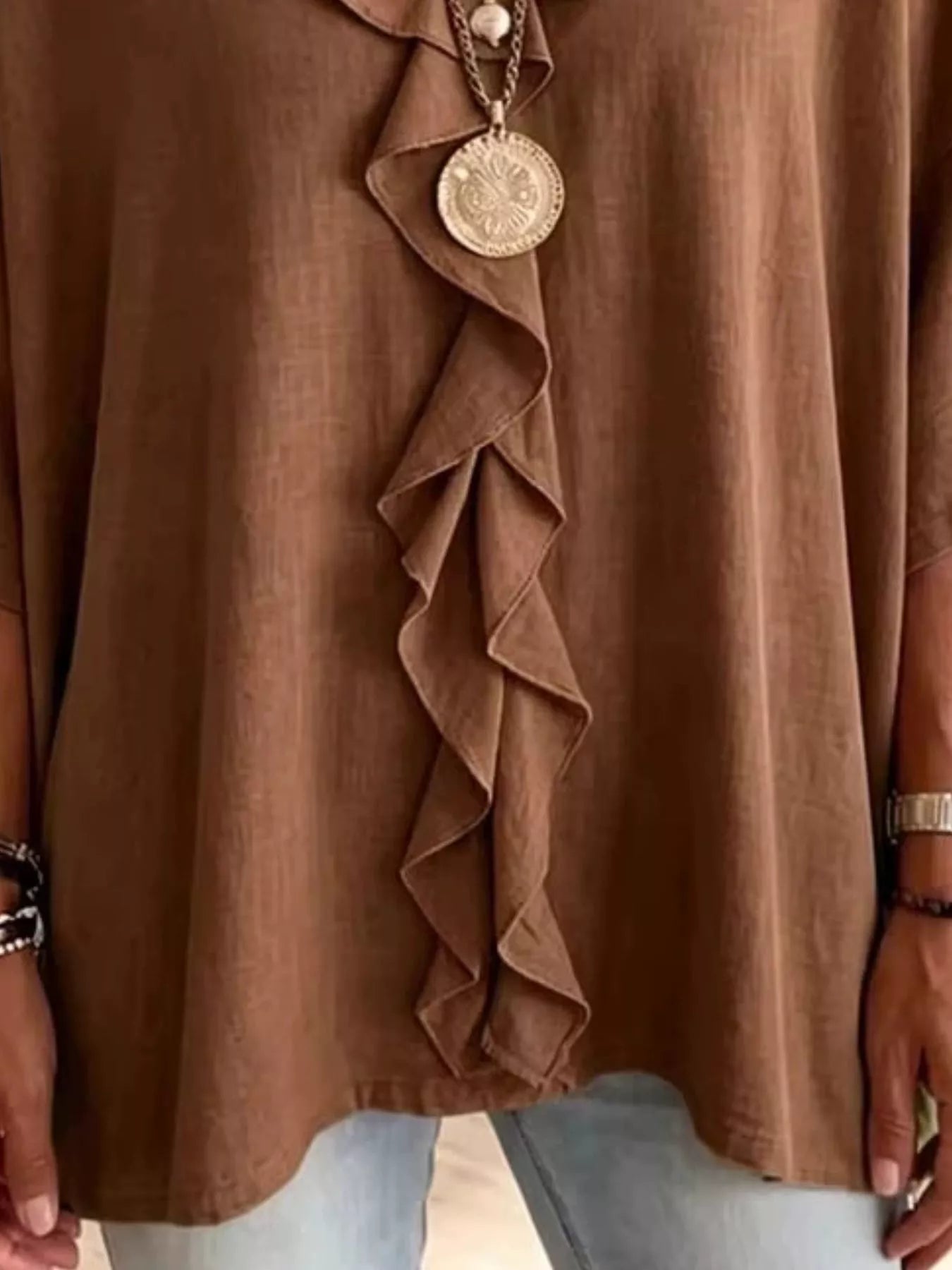 Full Size Ruffled V-Neck 3/4 Sleeve Blouse Plus Size