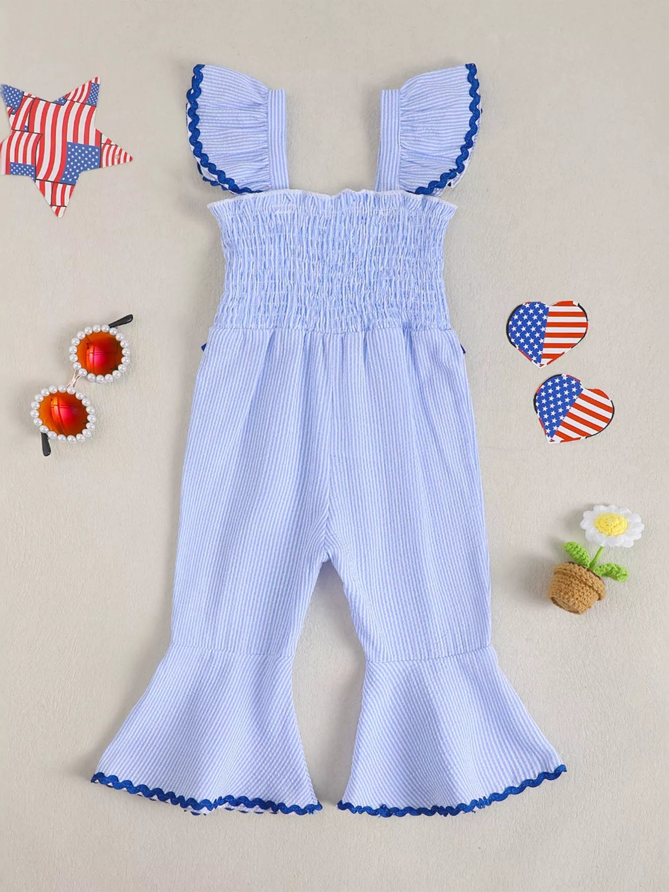 Children's USA Themed Ruffled Sleeve Smocked Jumpsuit