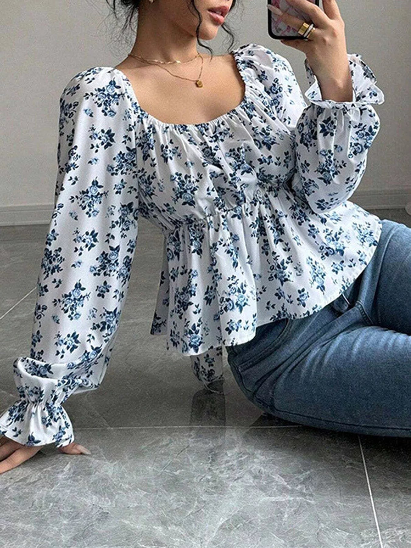 Floral Print Square Neck Peplum Blouse