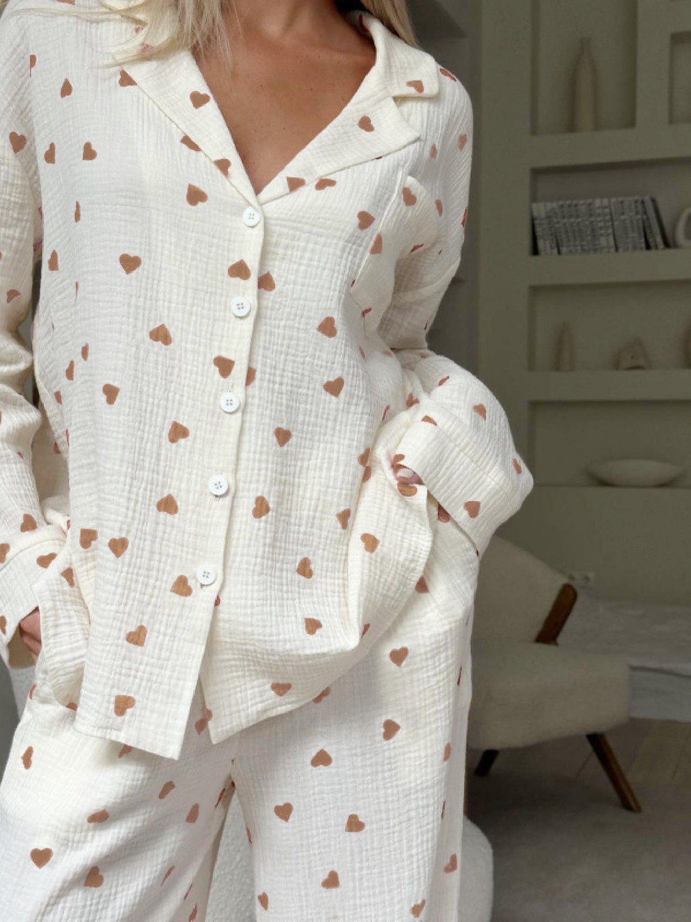 Heart Print Long Sleeve Top and Pants Lounge Set